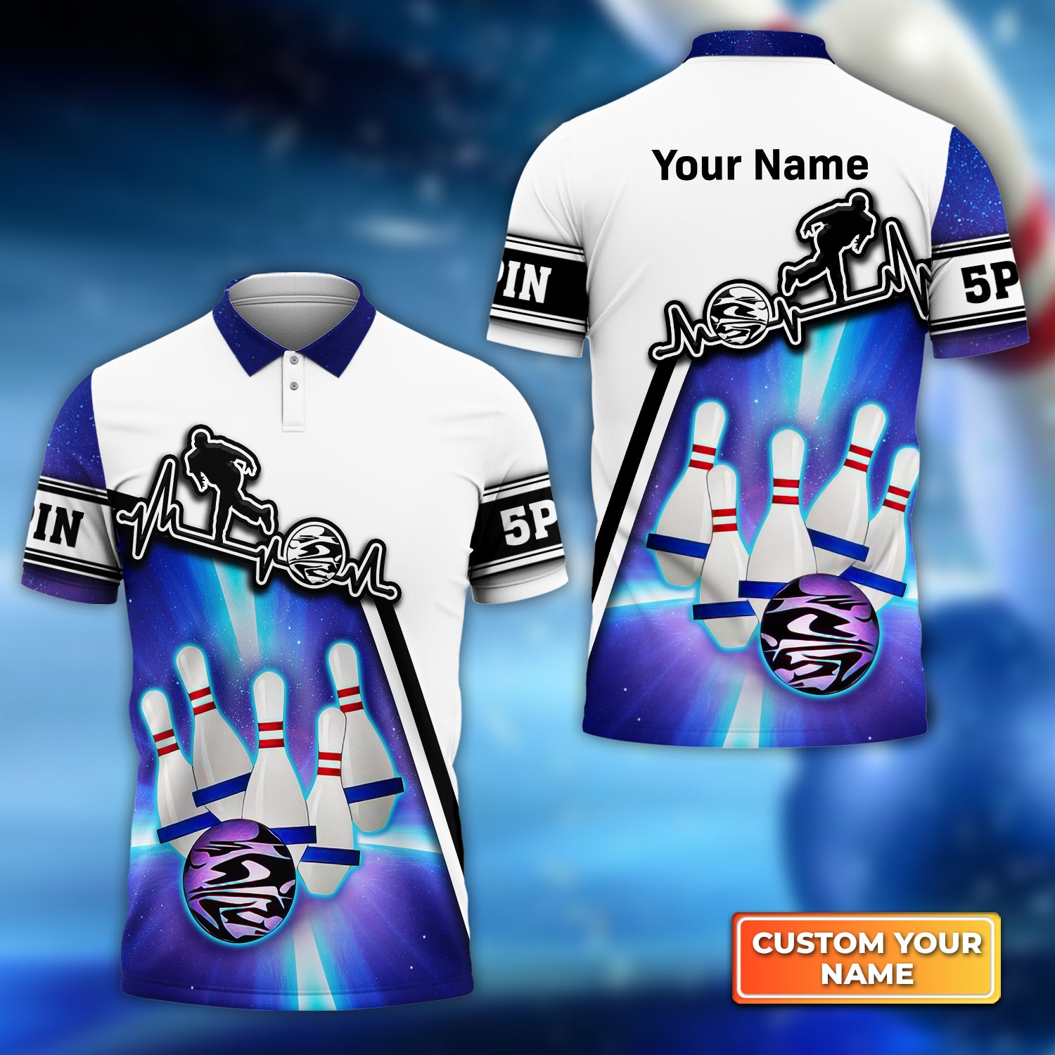 Blue Bowling 5 Pins Personalized Name 3D Polo Shirt QB95