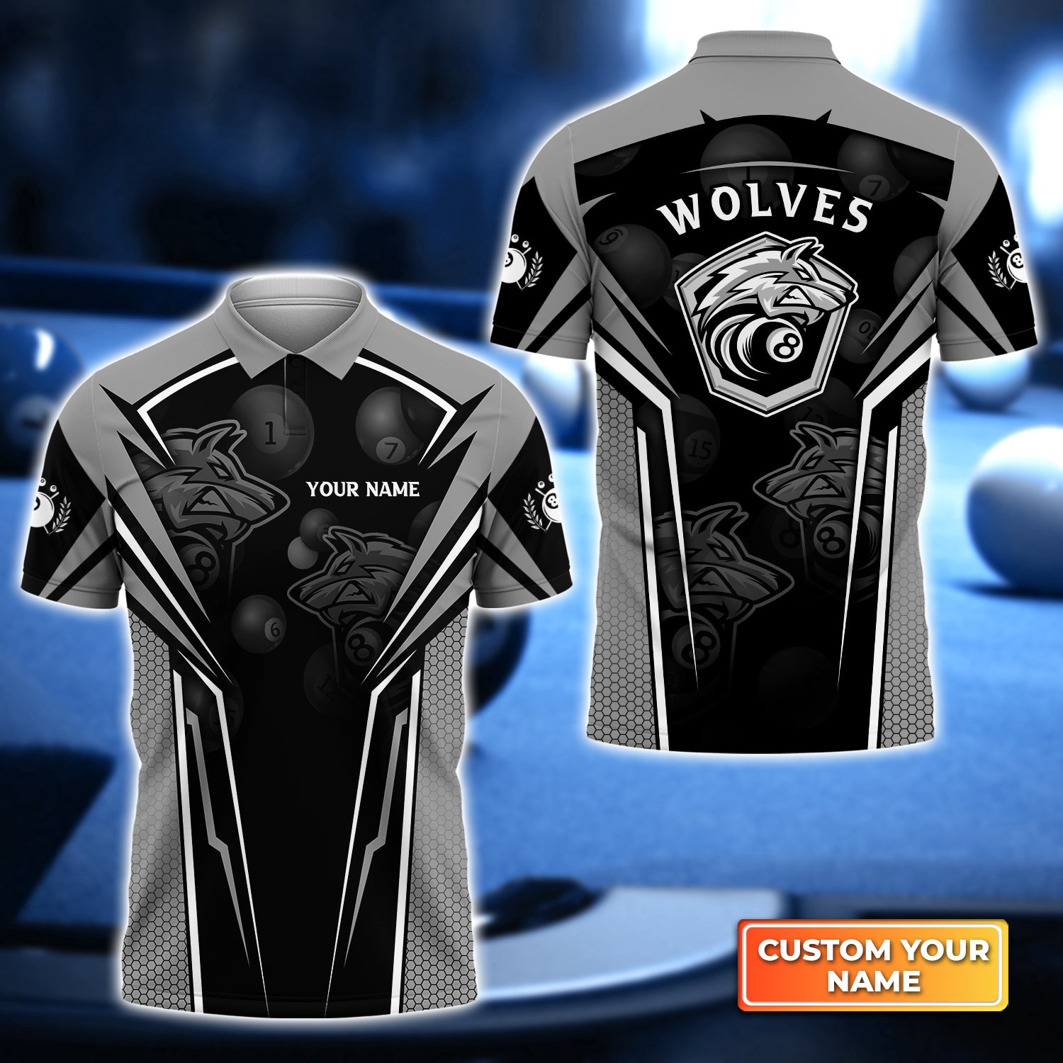 040 Wolf Team Pool Eight Ball Billiard Personalized Name 3D Polo Shirt Gift For Billiard Players QB95