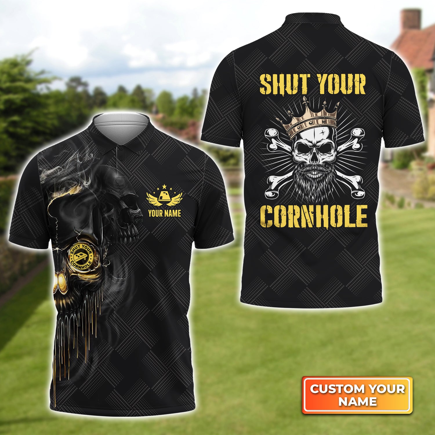 Shut Your Cornhole Skull Personalized Name 3D Polo Shirt Gift For Cornhole Players QB95