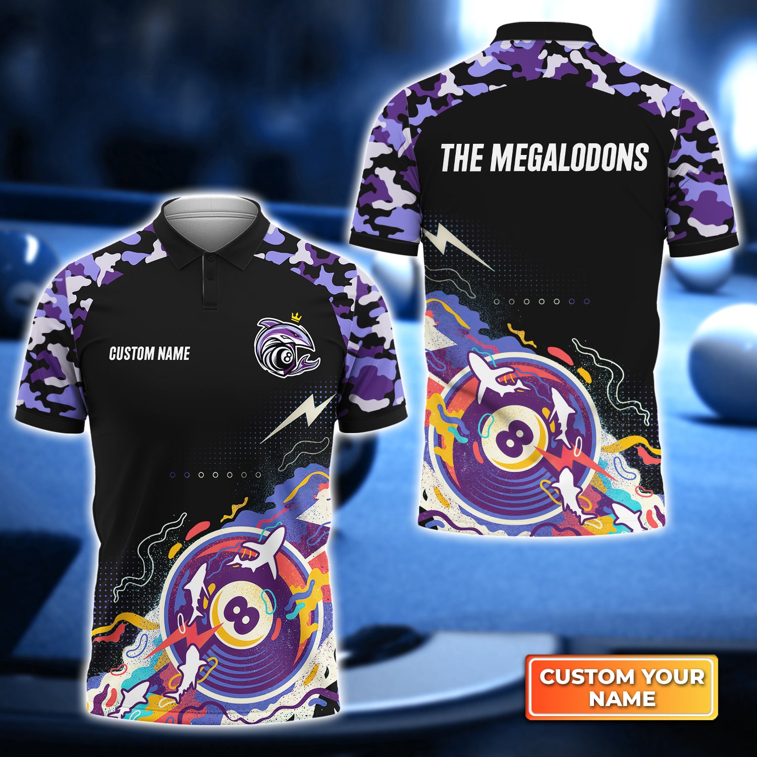 Billiard Pool 8 Ball THE MEGALODONS Team Personalized Name 3D Polo Shirt Gift For Billiard Players QB95