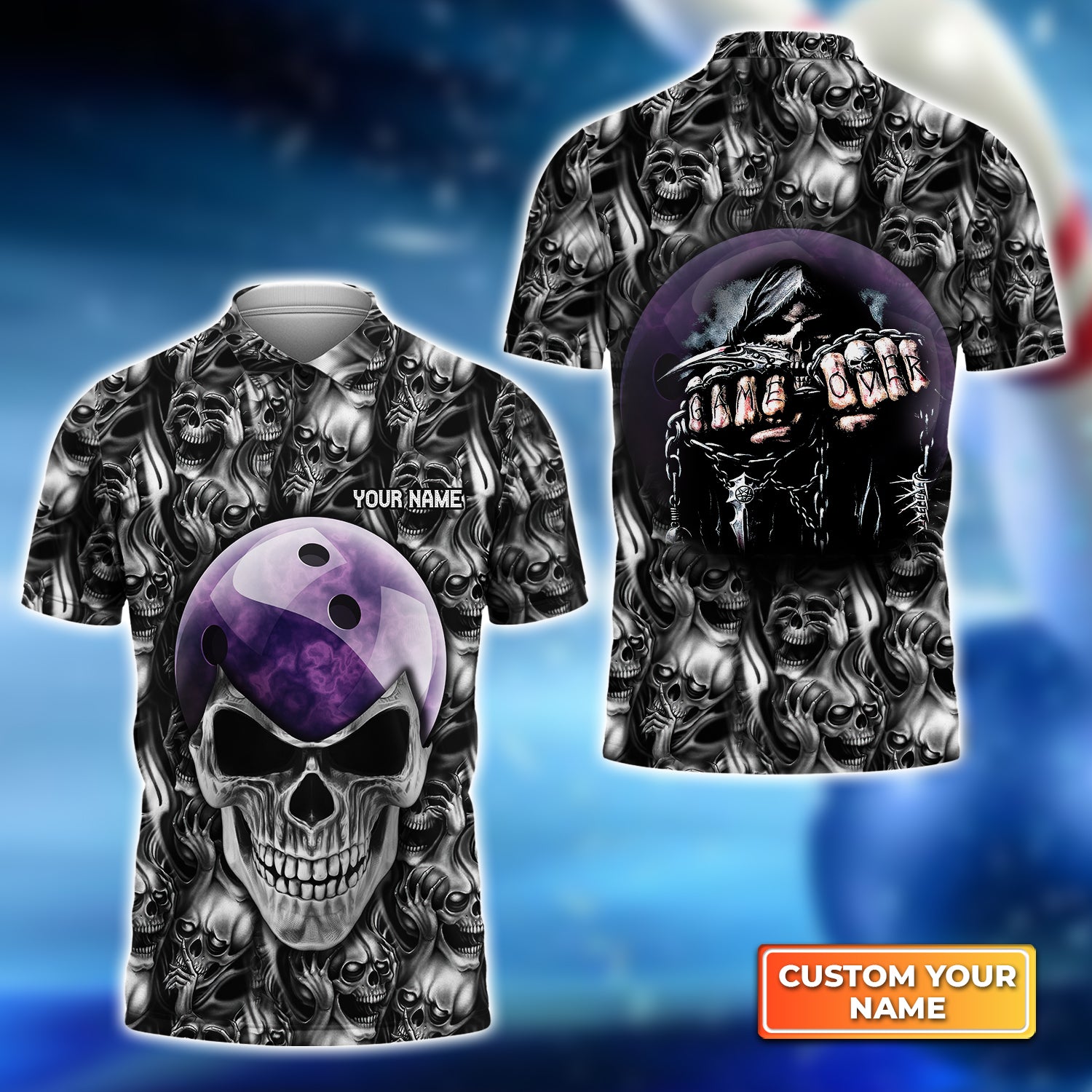 Purple Skull Bowling Ball Personalized Name 3D Polo Shirt QB95