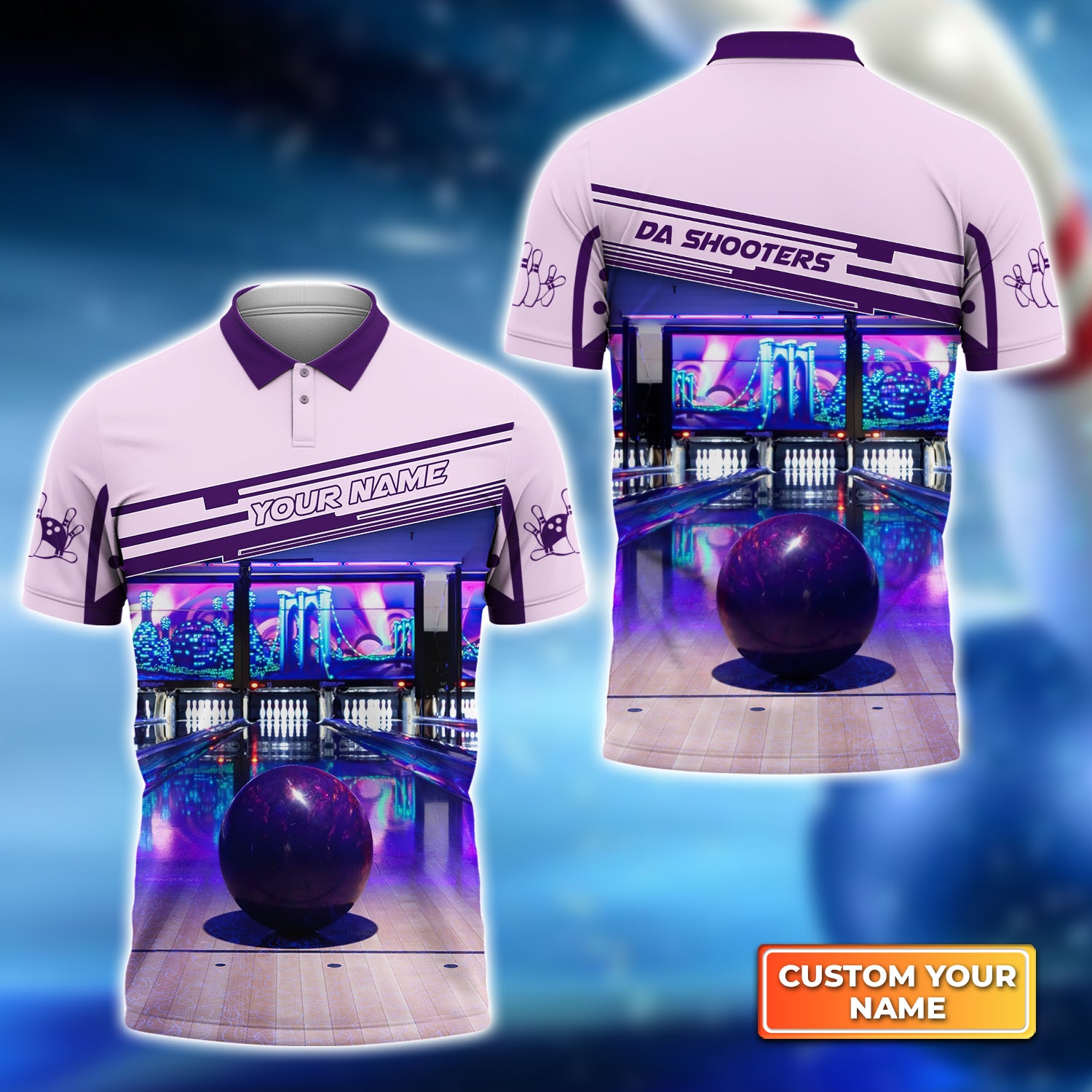 DA SHOOTERS Purple Bowling Ball Personalized Name 3D Polo Shirt QB95