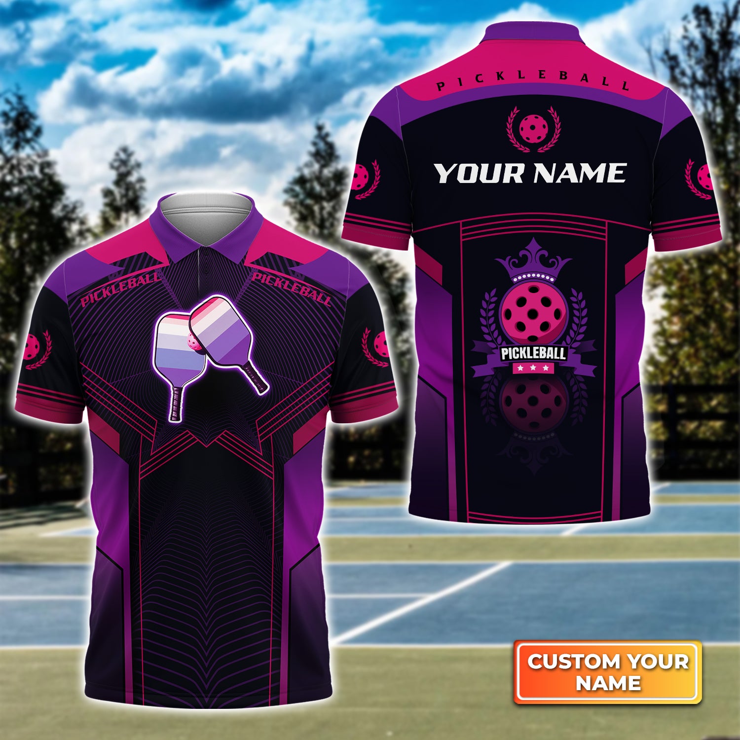 Pickleball Paddles Purple Pattern Personalized Name 3D Polo Shirt QB95 Gift For Pickleball Player