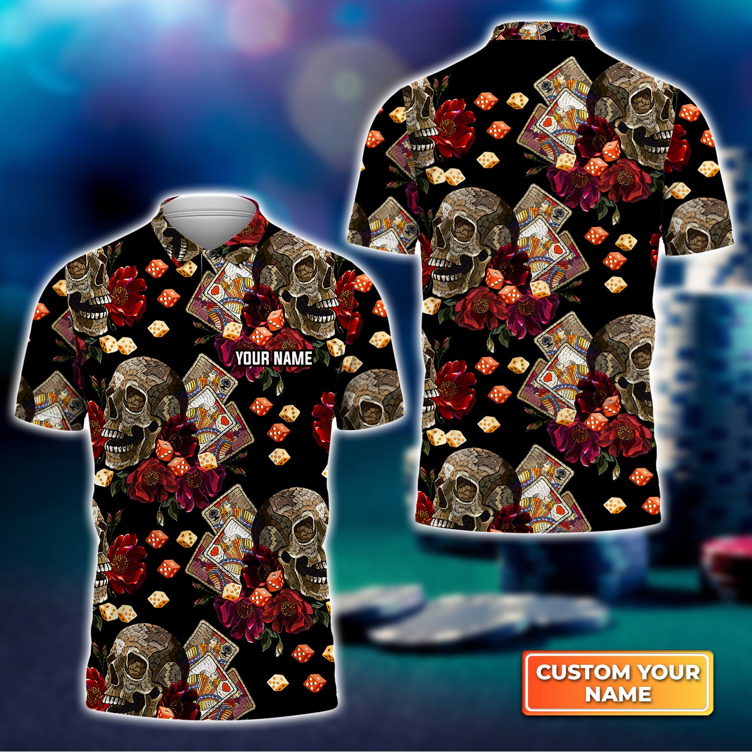 Casino Skull Colorful Personalized Name 3D Polo Shirt Gift For Poker Players QB95