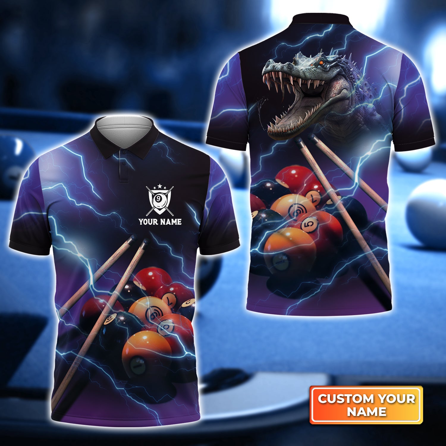 Crocodile Billiard 9 Ball Thunder Lightning Personalized Name 3D Polo Shirt Gift For Billiard Players QB95