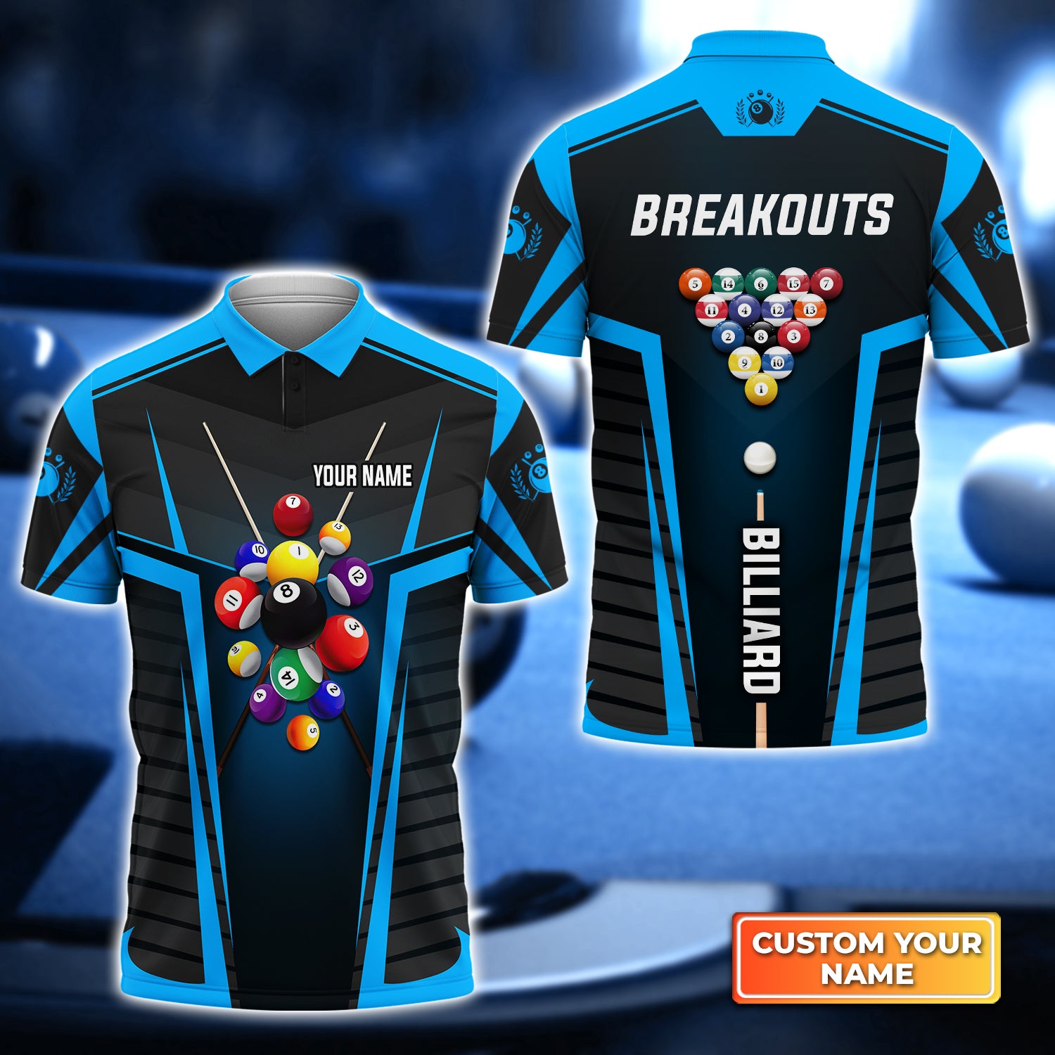 Breackouts Team Blue Billiard Balls Personalized Name 3D Polo Shirt Gift For Billiard Players QB95