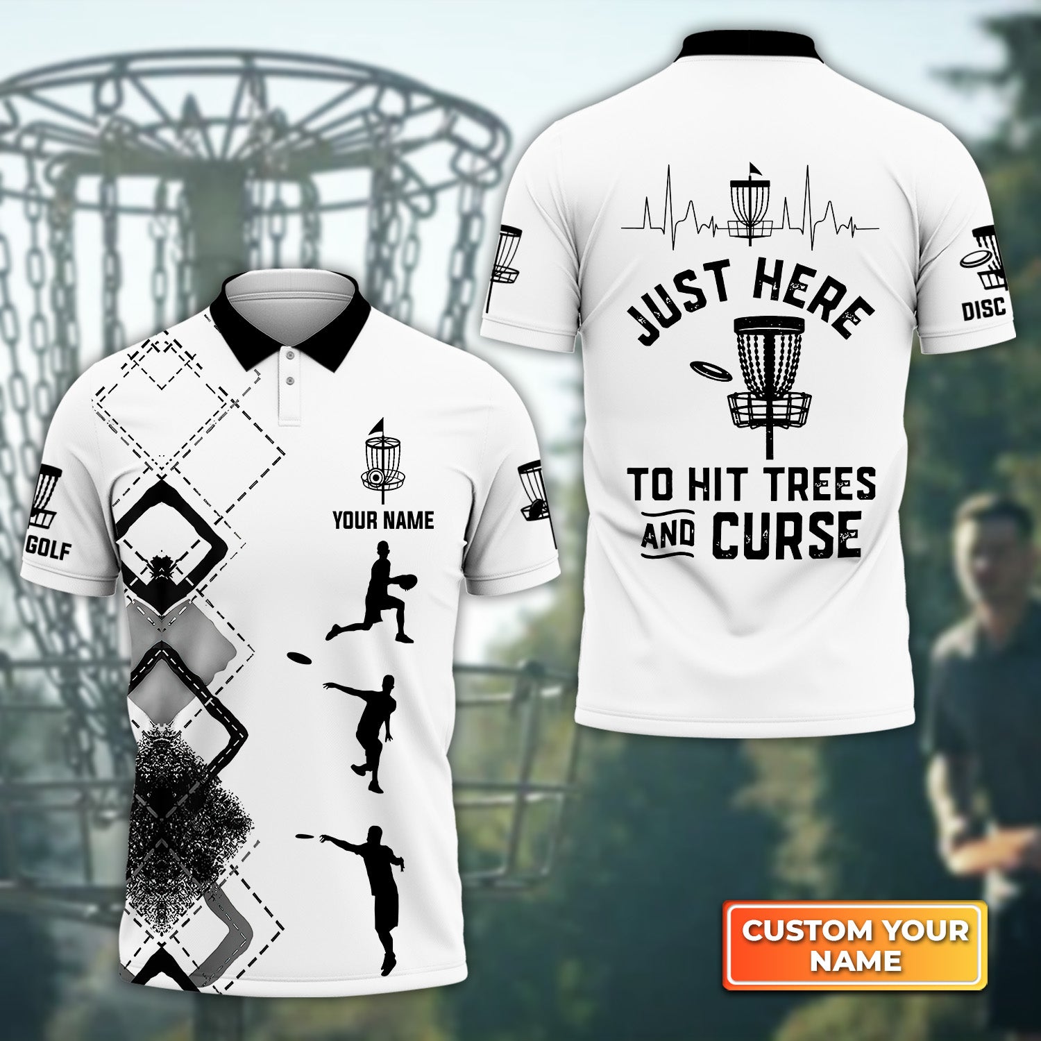 Disc Golf Silhouettes Hit Trees And Curse Personalized Name 3D Polo Shirt Gift For Disc Golf Players QB95