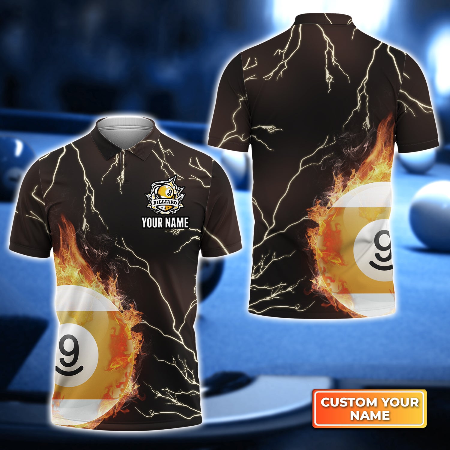 Billiard 9 Ball Fire Flame Club Personalized Name 3D Polo Shirt Gift For Billiard Players QB95