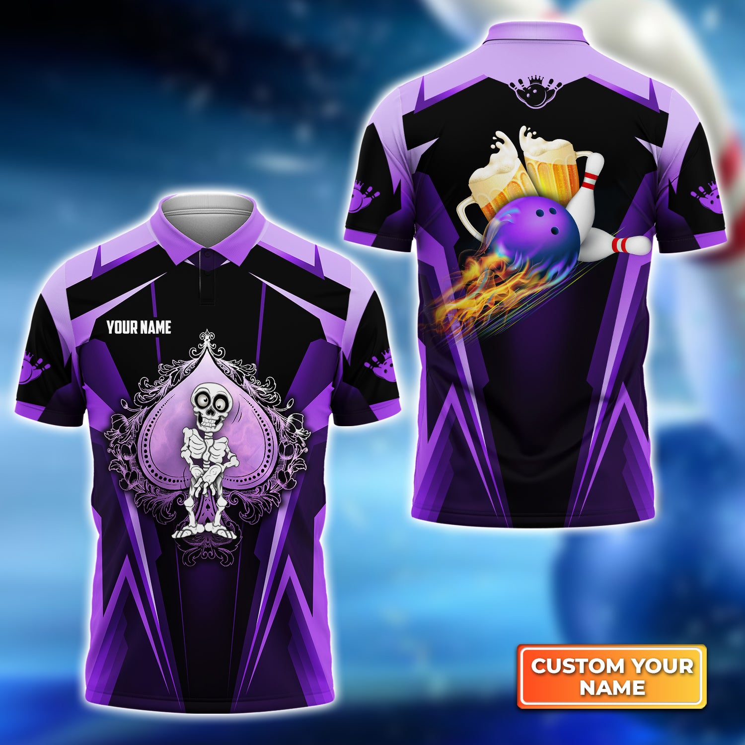 Purple Spade Bowling And Beer Personalized Name 3D Polo Shirt QB95