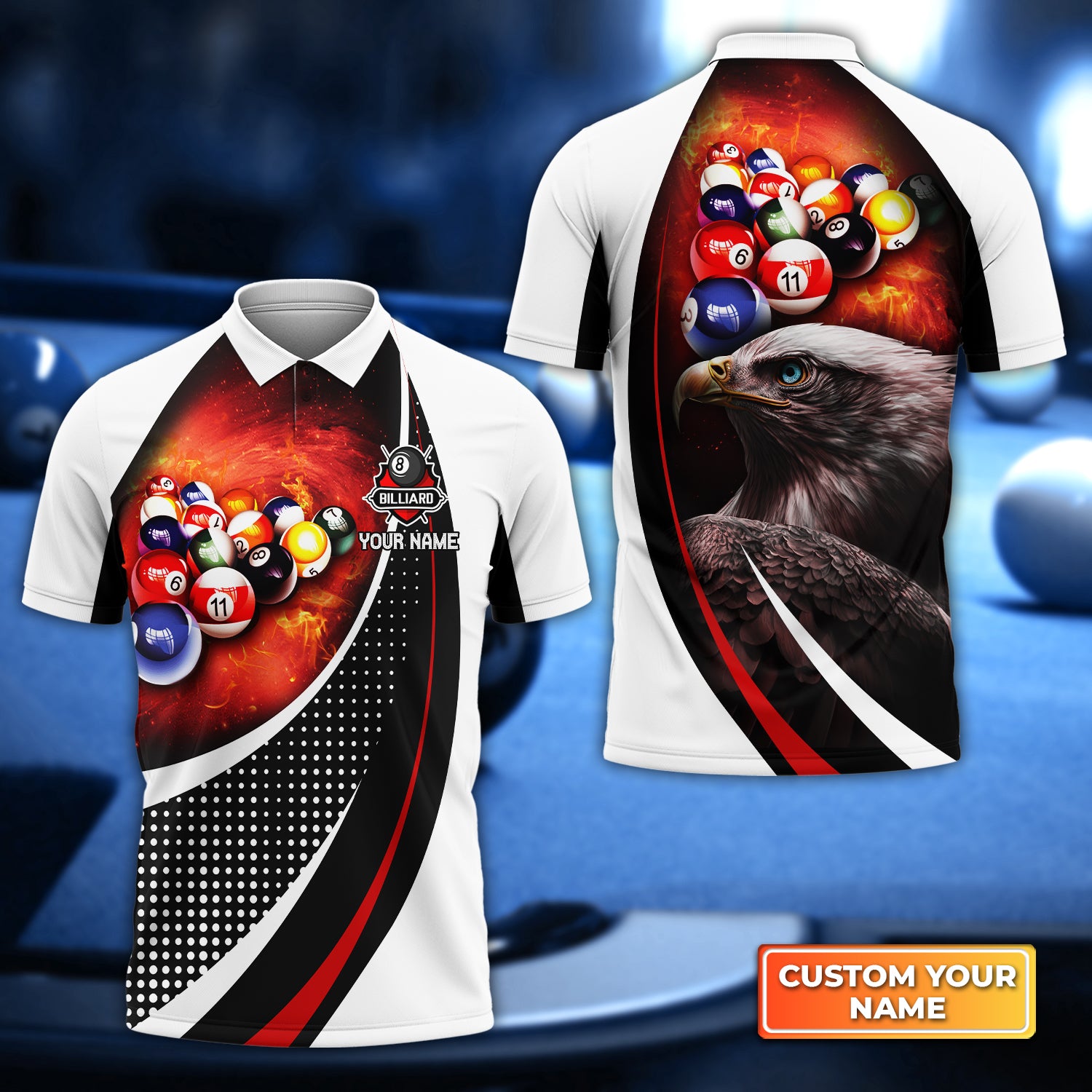 American Eagle Billiard Team Pool 8 Ball Personalized Name 3D Polo Shirt Gift For Billiard Players QB95