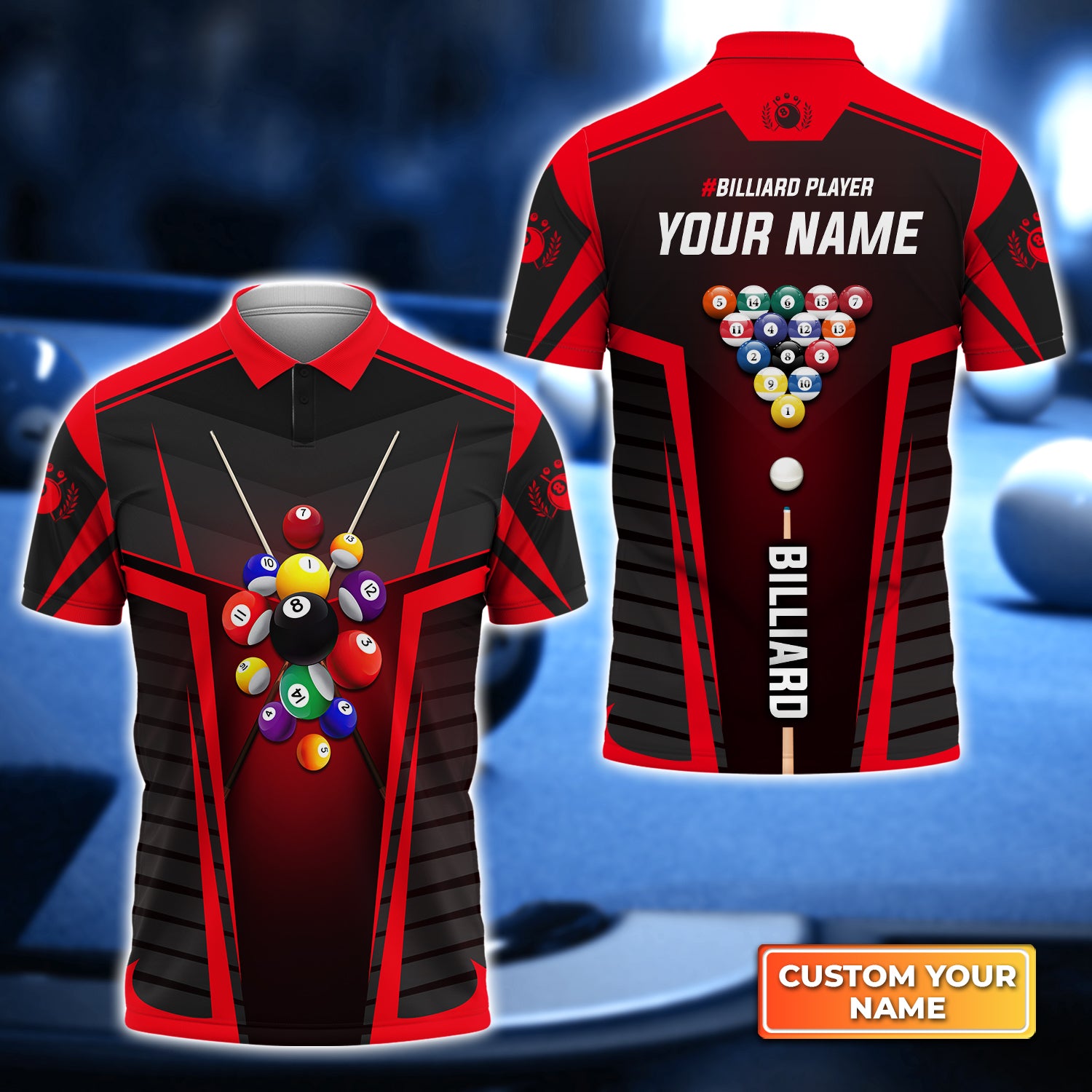 Red Billiard Balls Personalized Name 3D Polo Shirt Gift For Billiard Players QB95