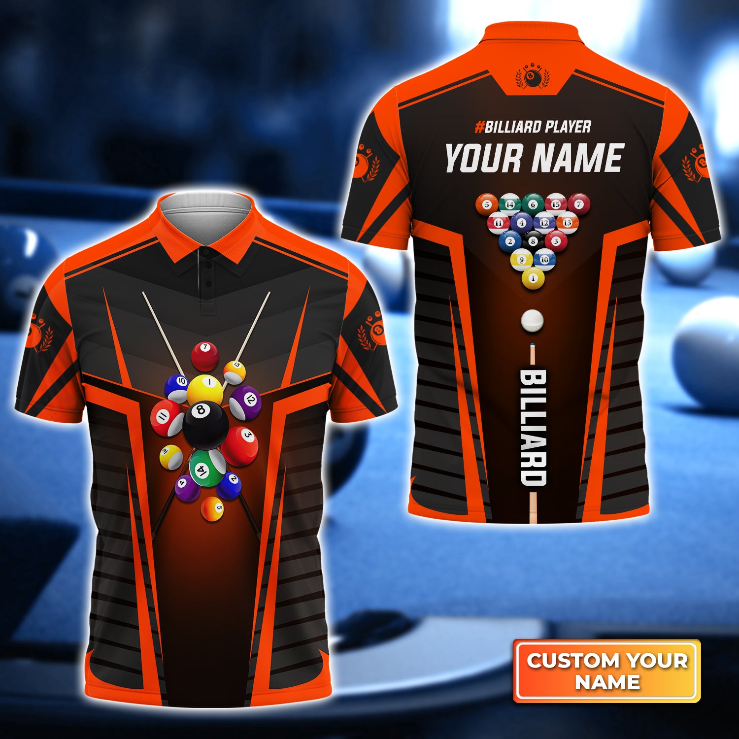 Orange Billiard Balls Personalized Name 3D Polo Shirt Gift For Billiard Players QB95