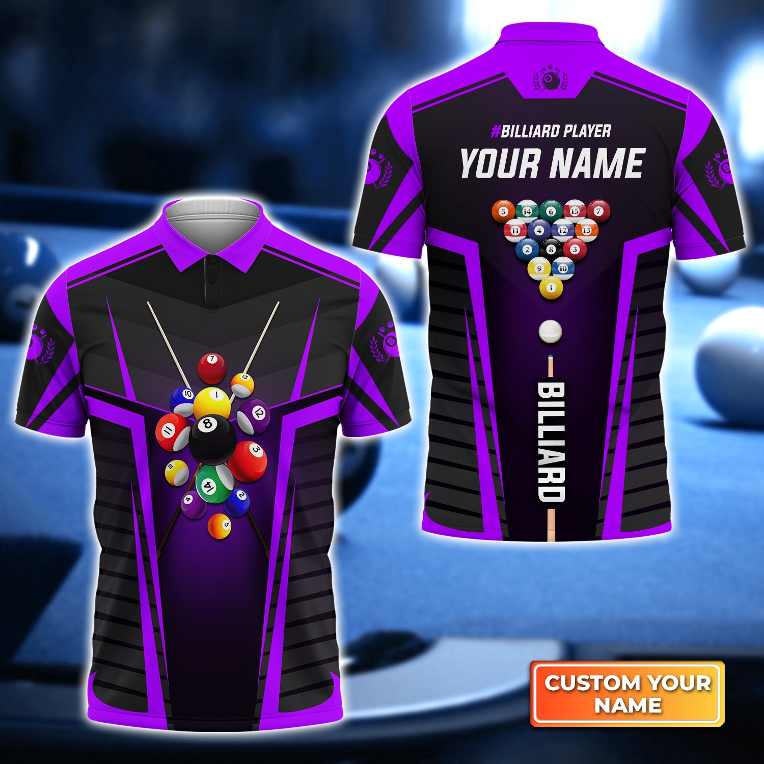 Purple Billiard Balls Personalized Name 3D Polo Shirt Gift For Billiard Players QB95