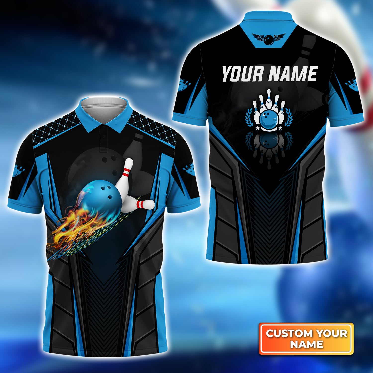 The Blue Bowling Ball in Flames Breaks White Skittles 2 Personalized Name 3D Polo Shirt QB95