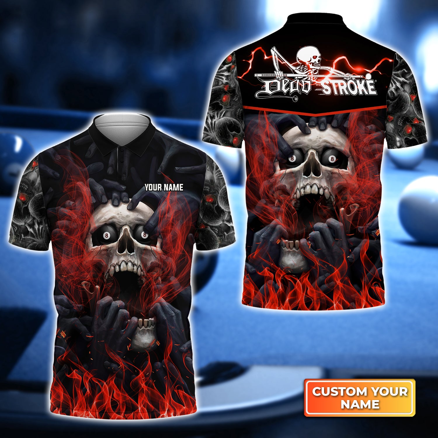 Dead Stroke Pool 8 Ball Skull On Fire Personalized Name 3D Polo Shirt Gift For Billiard Players QB95