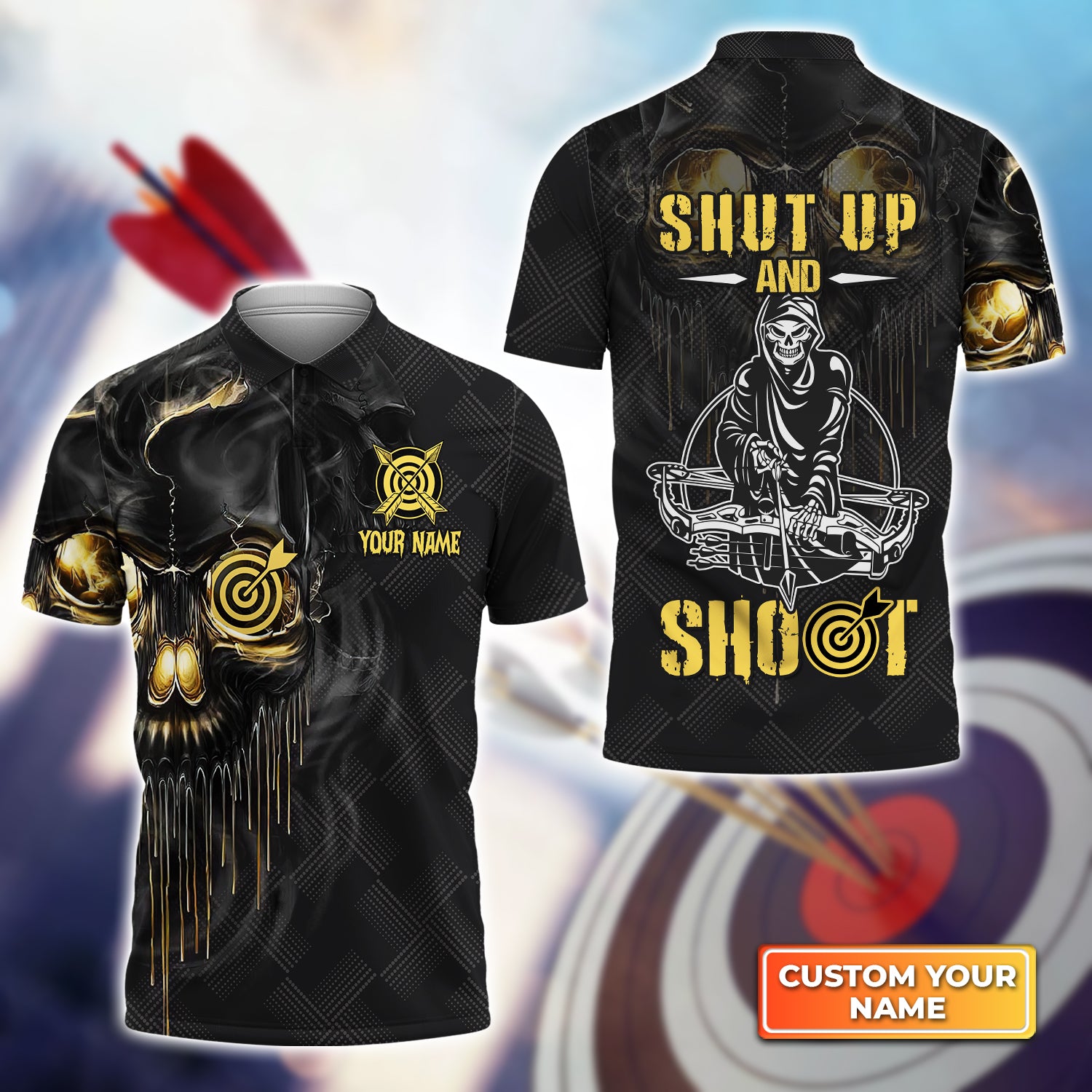 Archery Skull Shut Up and Shoot Personalized Name 3D Polo Shirt QB95 Gift For Archer