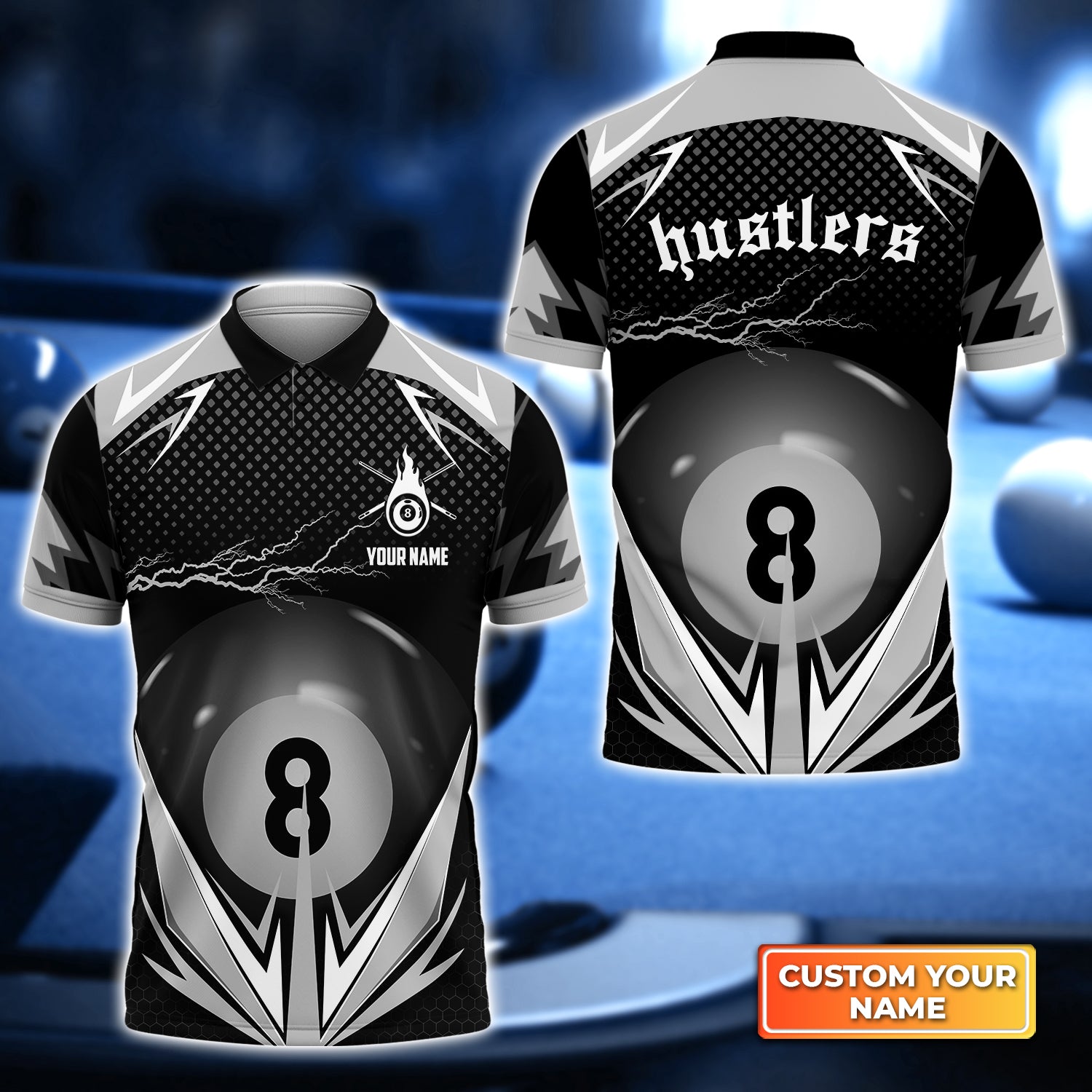 HUSTLERS Team 8 Ball Pool Thunder Billiard Personalized Name 3D Polo Shirt Gift For Billiard Players QB95