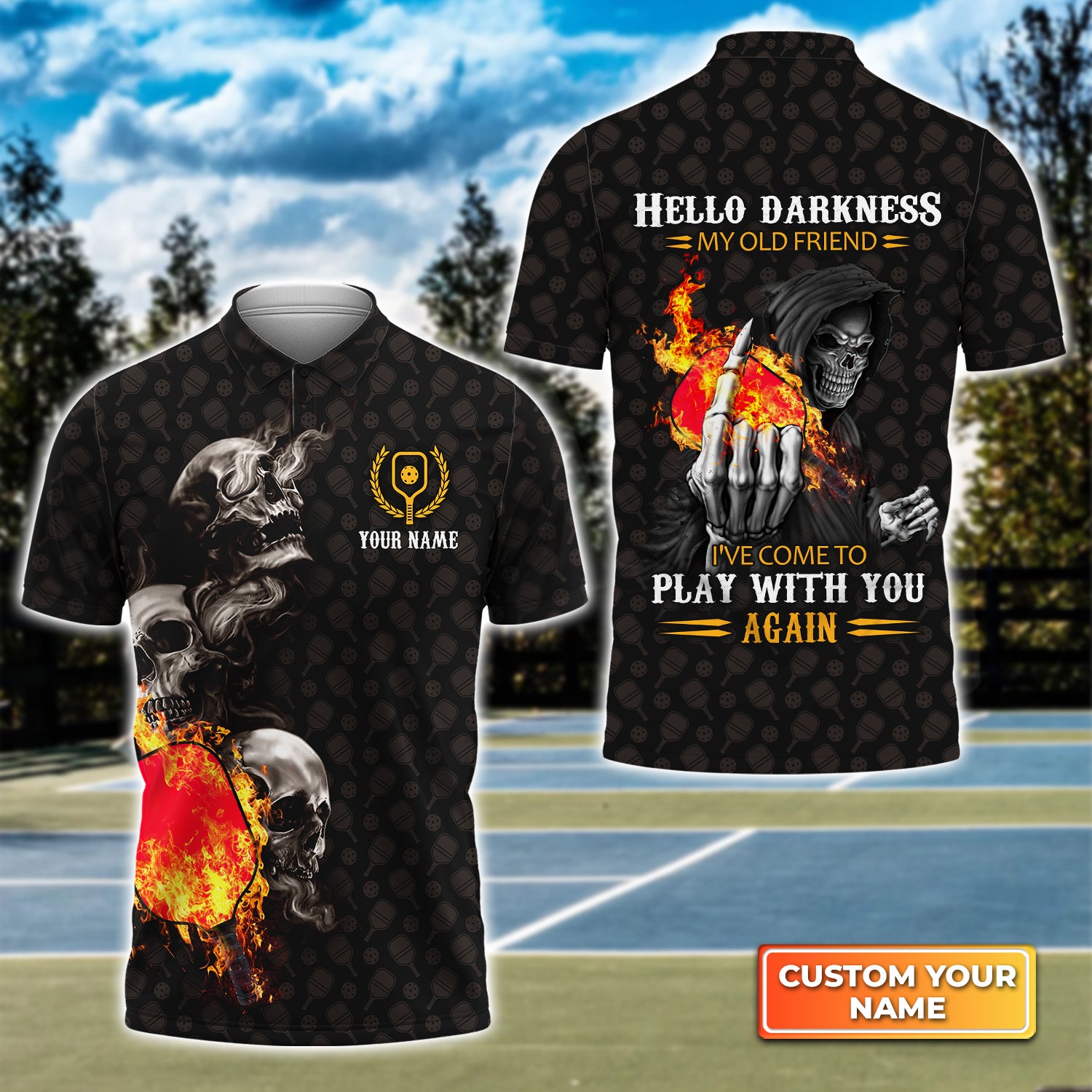 Pickleball Skull Hello Darkness My Old Friend Personalized Name 3D Polo Shirt QB95 Gift For Pickleball Player