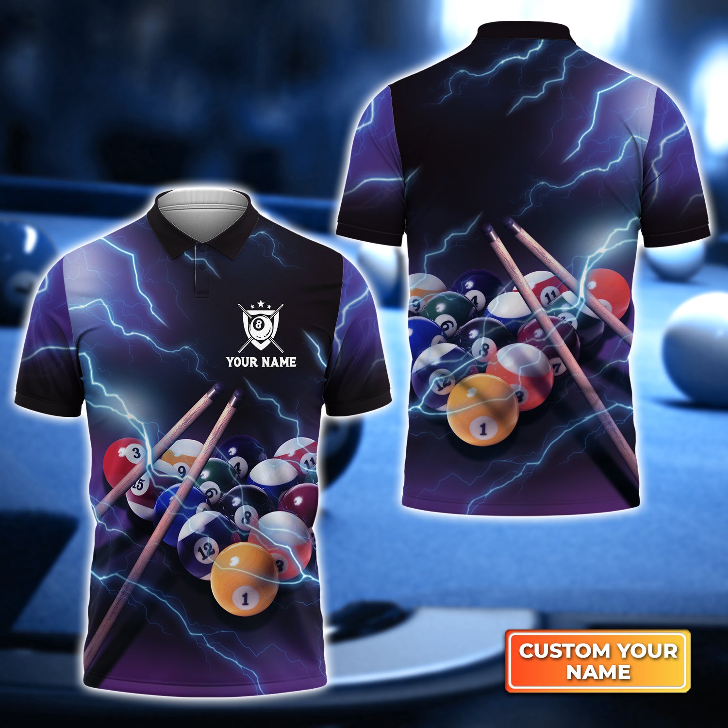 Billiard 8 Ball Thunder Lightning Personalized Name 3D Polo Shirt Gift For Billiard Players QB95