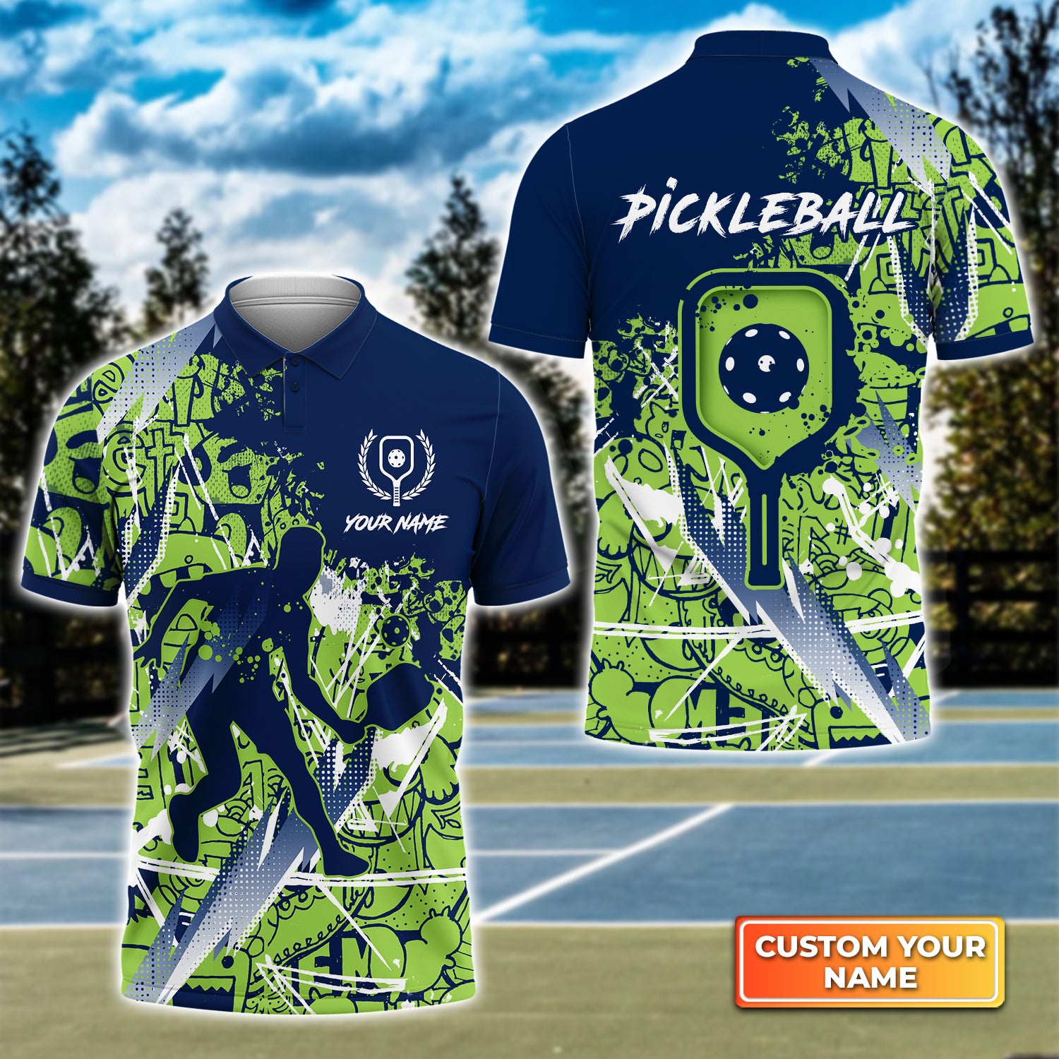 Pickleball - Scritch Man Green Blue Personalized Name 3D Polo Shirt QB95 Gift For Pickleball Player