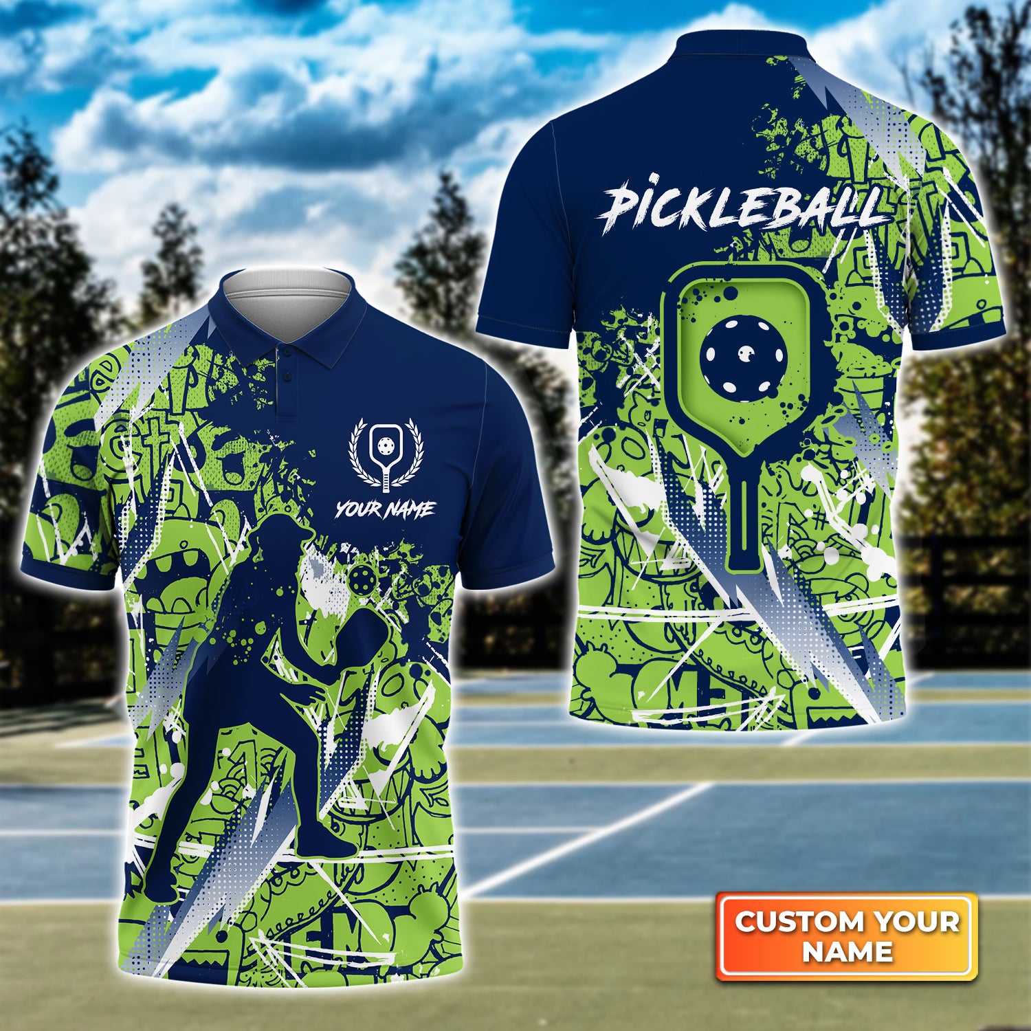 Pickleball - Scritch Woman Green Blue Pattern Personalized Name 3D Polo Shirt QB95 Gift For Pickleball Player