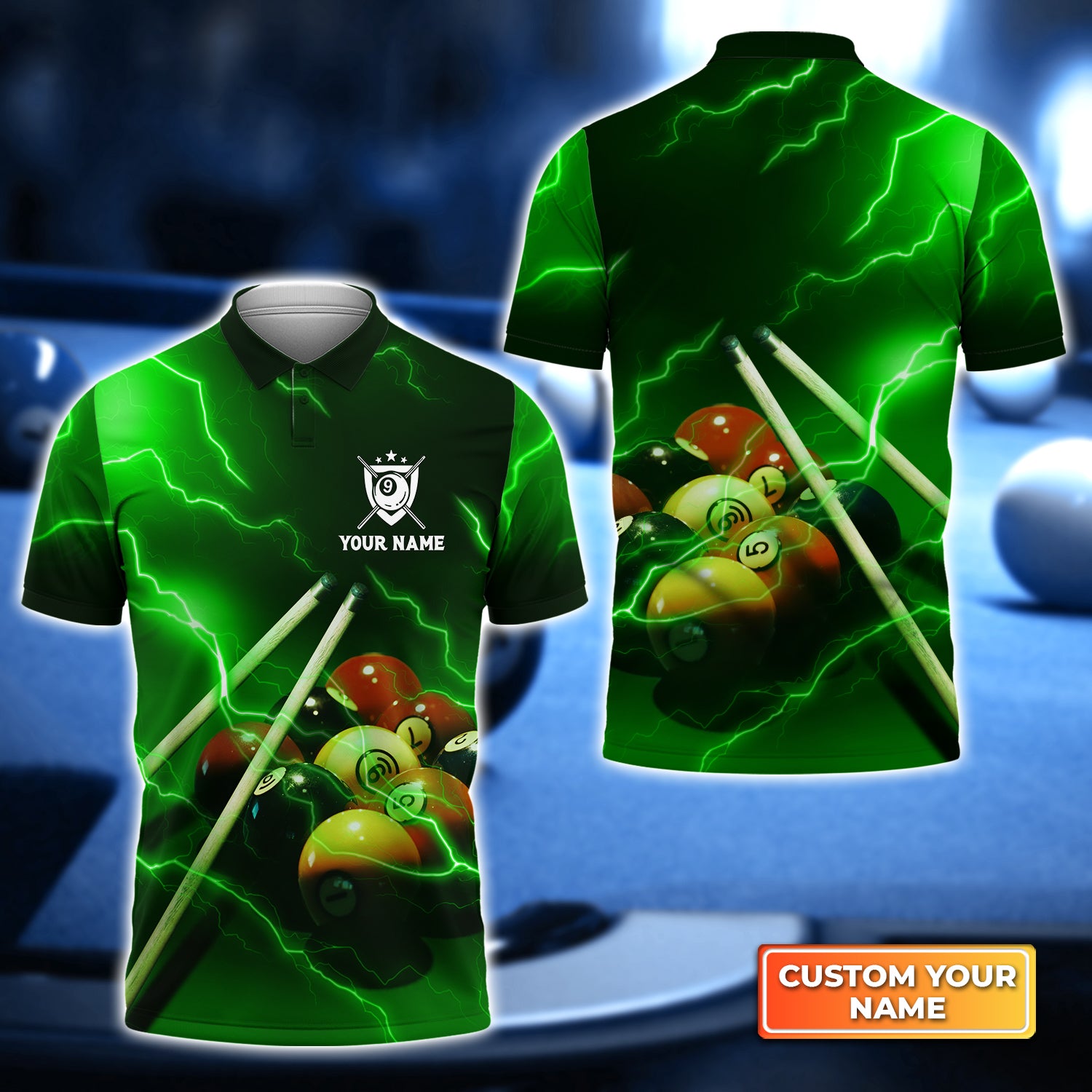 Billiard 9 Ball Thunder Lightning Fluor Green Personalized Name 3D Polo Shirt Gift For Billiard Players QB95