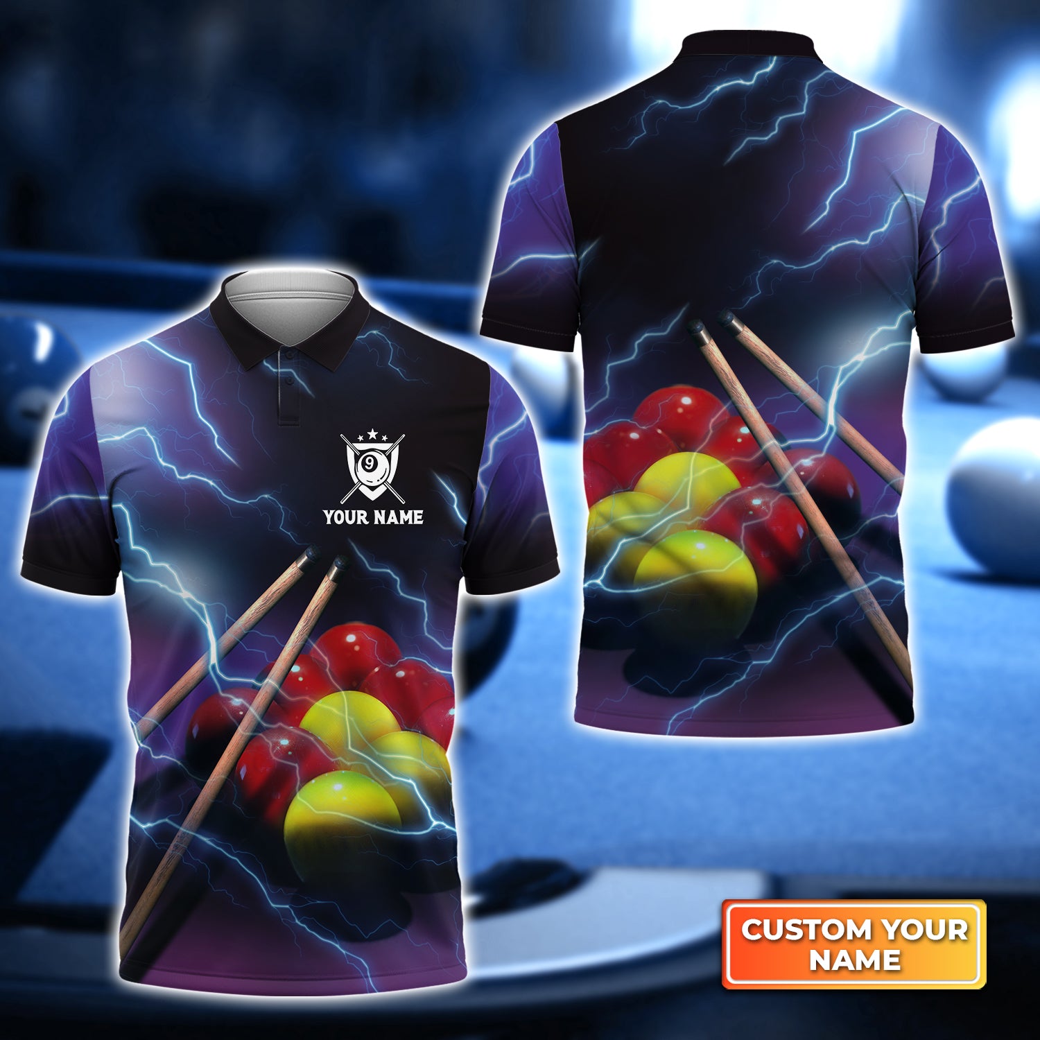 Yellow and Red Billiard Ball Thunder Lightning Personalized Name 3D Polo Shirt Gift For Billiard Players QB95