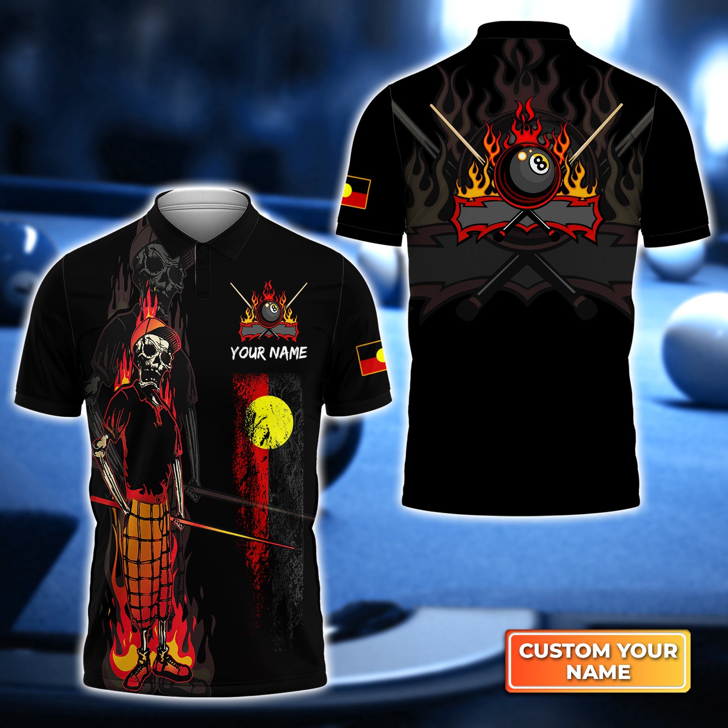 Bones 8 Ball Aboriginal Flag Billiards Personalized Name 3D Polo Shirt Gift For Billiard Players QB95