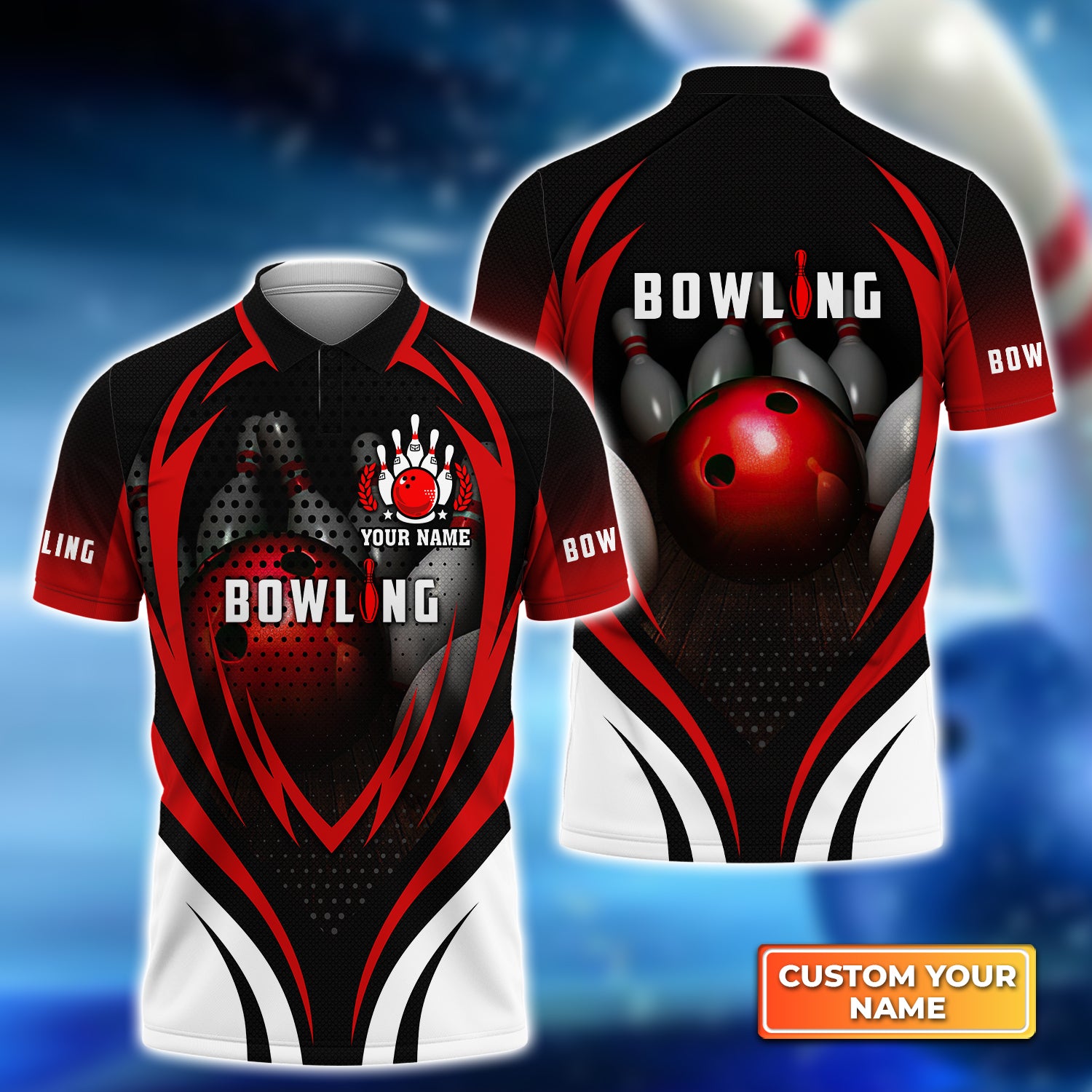 Bowling With Red Ball and Bowl Pins Personalized Name 3D Shirt QB95