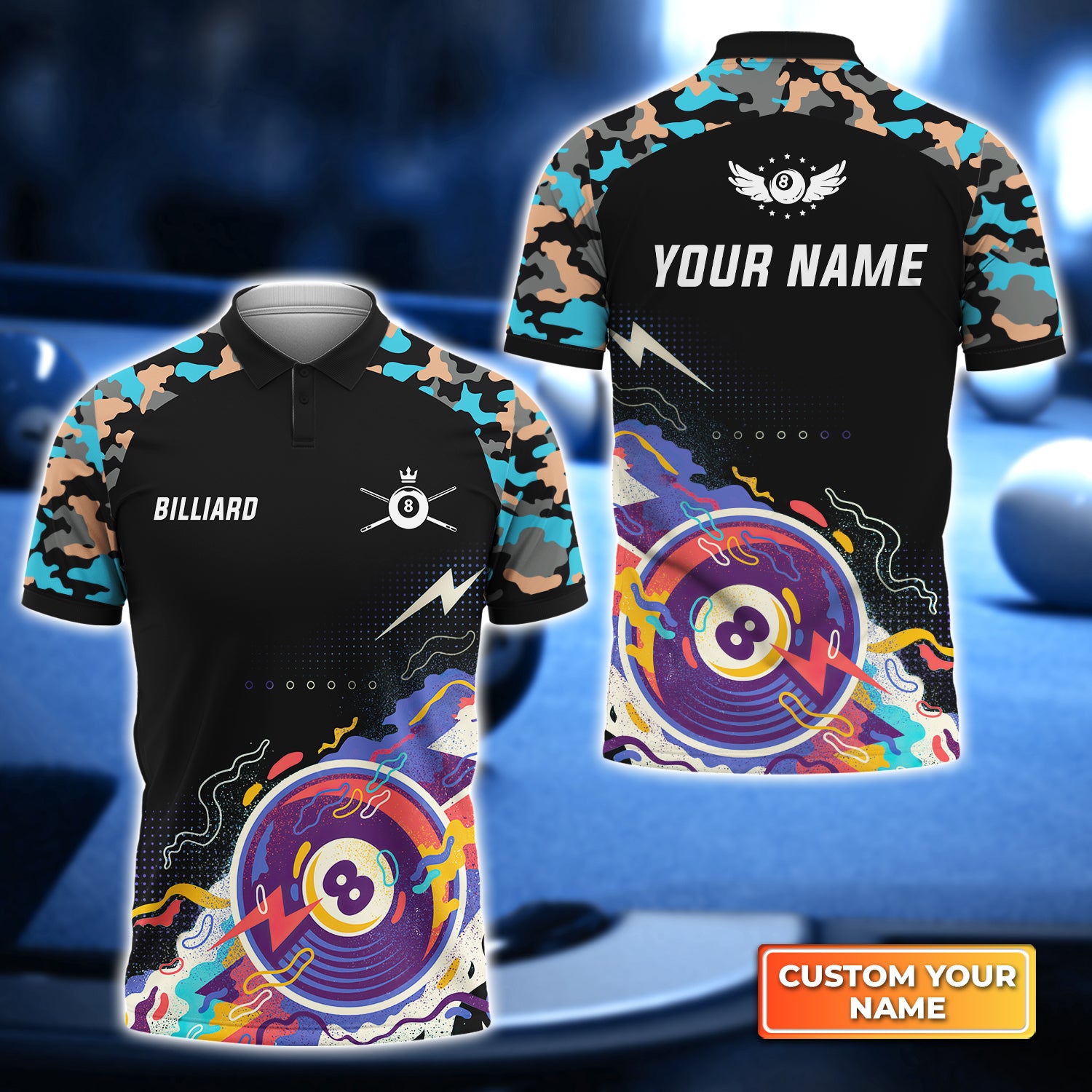 Pool 8 Ball Black Blue Watercolor Personalized Name 3D Polo Shirt Gift For Billiard Players QB95