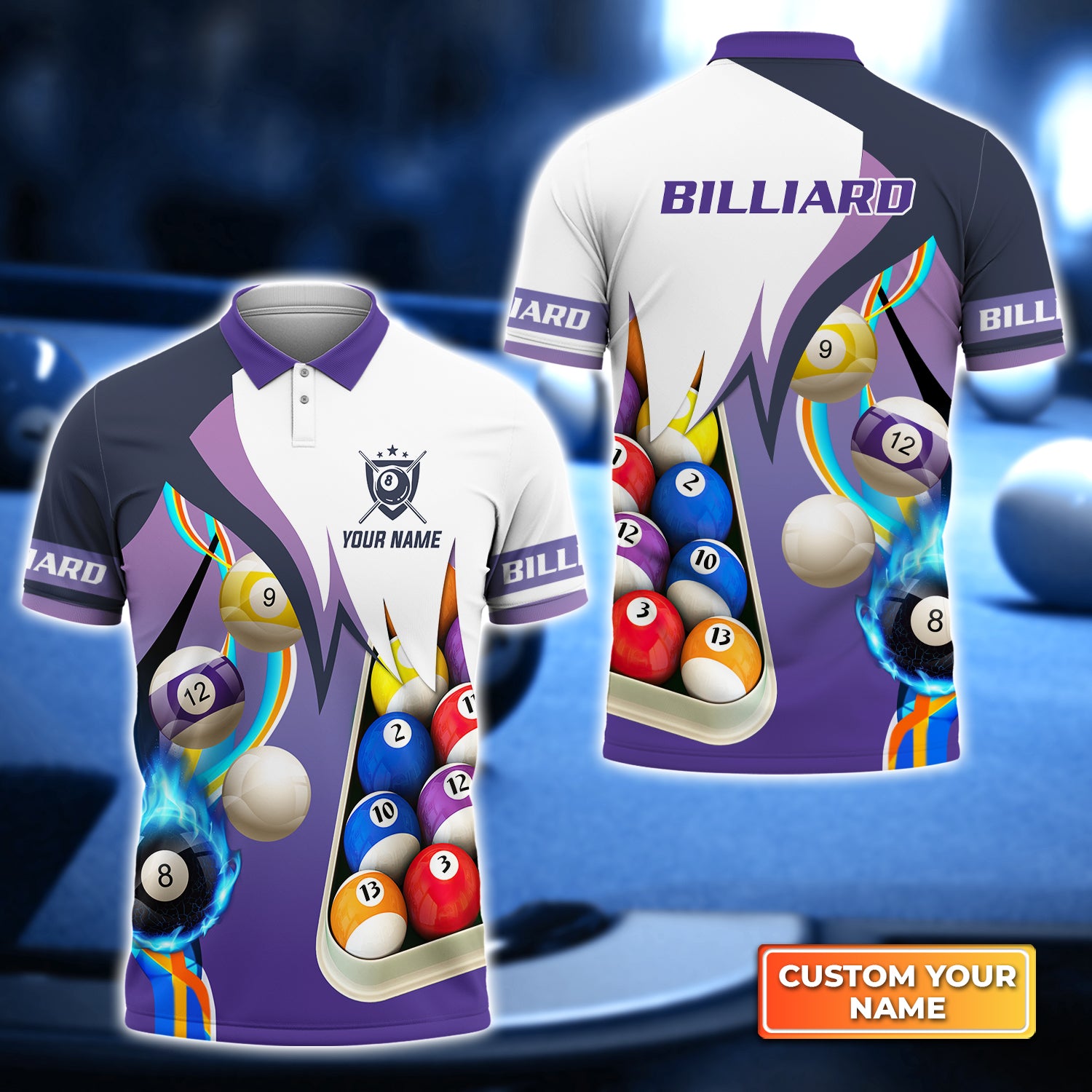 Billiard Purple Personalized Name 3D Polo Shirt Gift For Billiard Players QB95