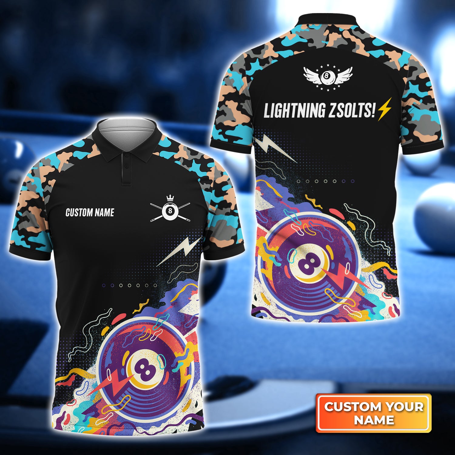 LIGHTNING ZSOLTS!⚡️ Pool 8 Ball Black Blue Watercolor Personalized Name 3D Polo Shirt Gift For Billiard Players QB95