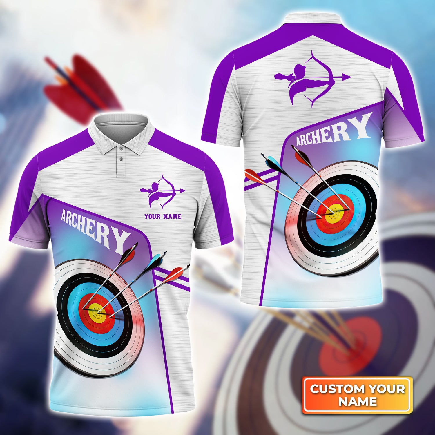 Purple Watercolor Archery Target Board Personalized Name 3D Polo Shirt QB95 Gift For Archer