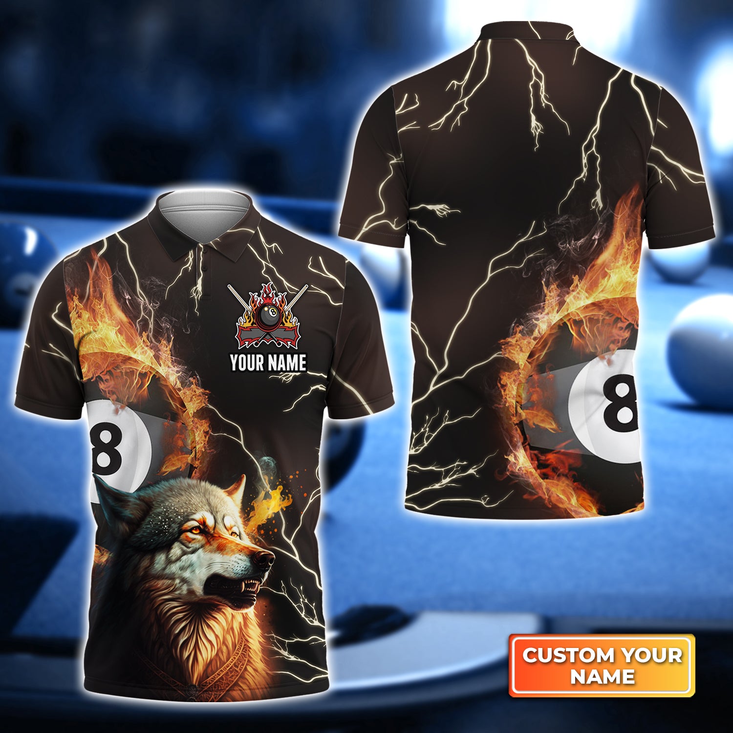 Wolf On Fire Billiard Pool 8 Balls Personalized Name 3D Polo Shirt Gift For Billiard Players QB95