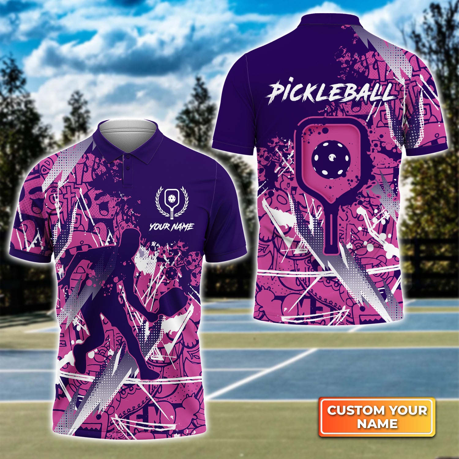 Pickleball - Scritch Man Purple Pink Pattern Personalized Name 3D Polo Shirt QB95 Gift For Pickleball Player