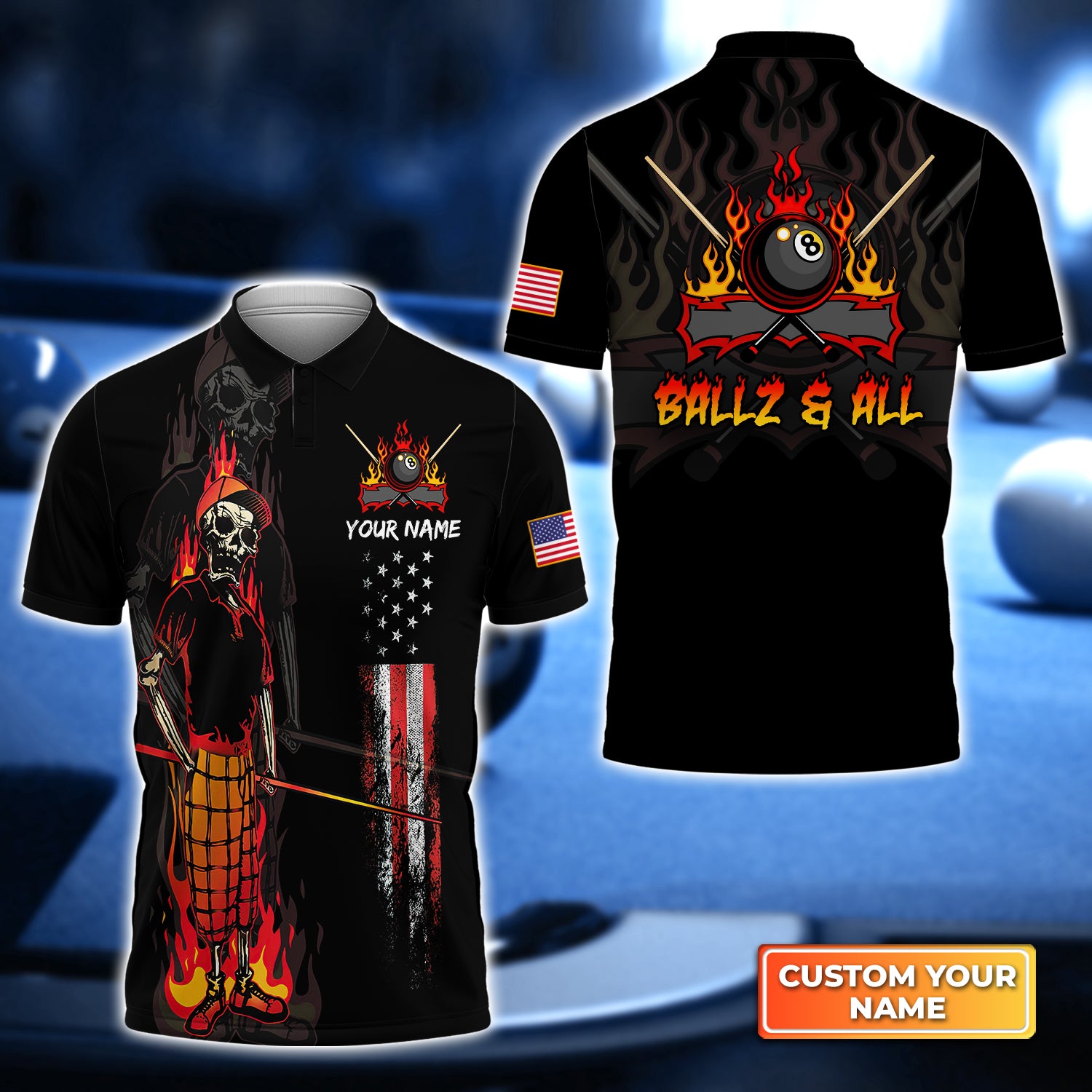 BALLZ & ALL Team Bones 8 Ball American Flag Billiards Personalized Name 3D Polo Shirt Gift For Billiard Players QB95