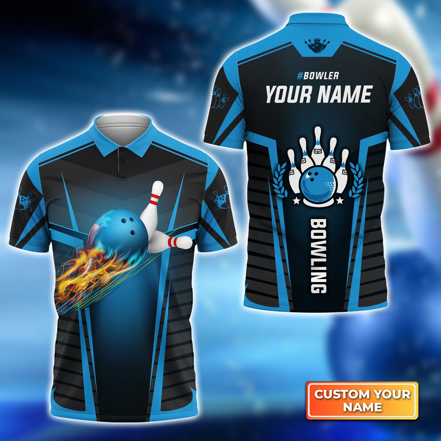 BowlerThe Blue Bowling Ball in Flames Breaks White Skittles Personalized Name 3D Polo Shirt QB95