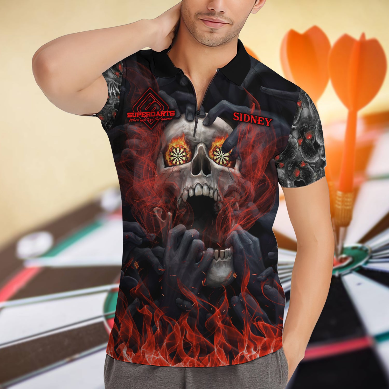 SIDNEY VAUGHN Skull 3D Zipper Polo Shirt