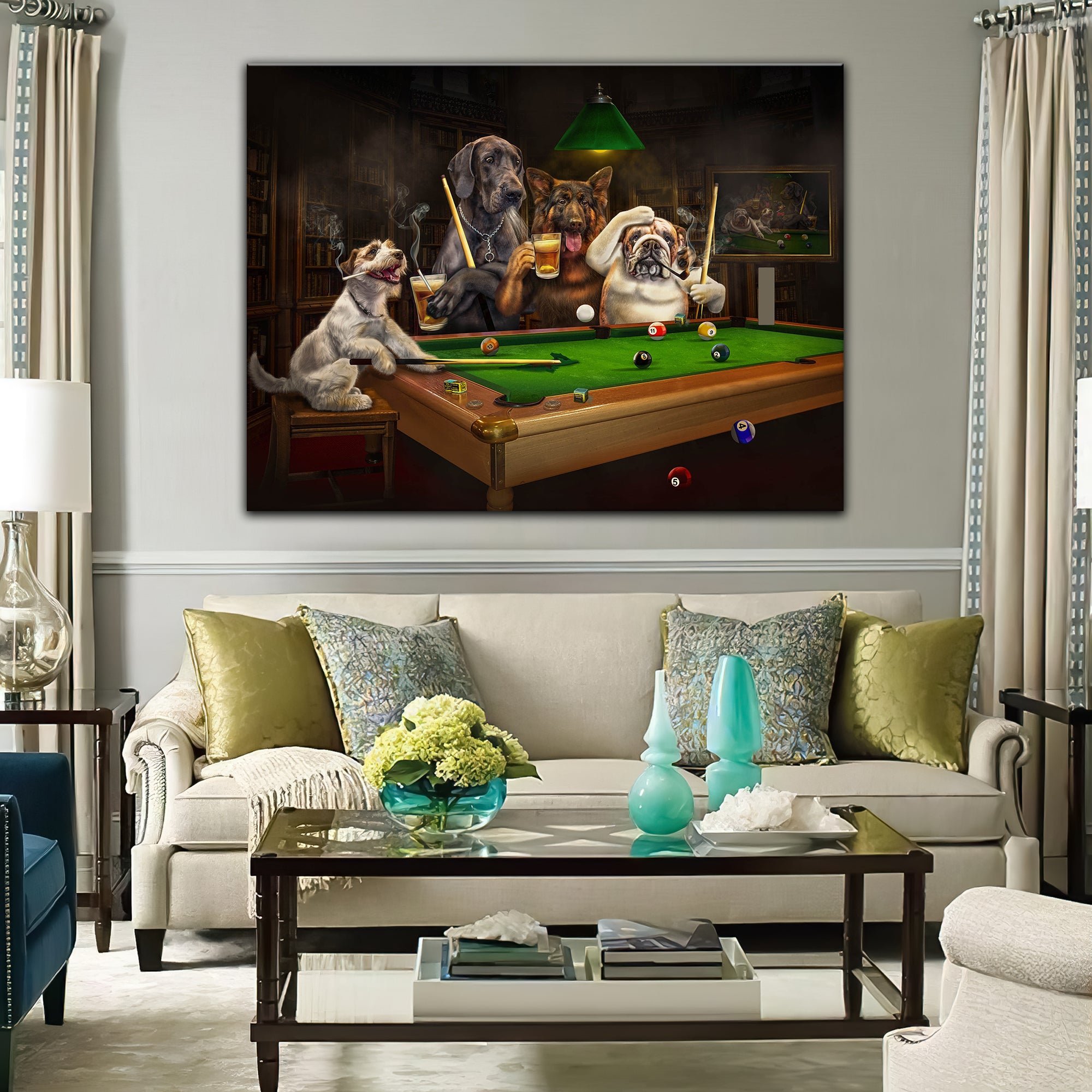 Funny Dogs Playing Billiard Wall Painting Home Decor 3D Print Horizontal Canvas Wall Art Pet Painting Artwork