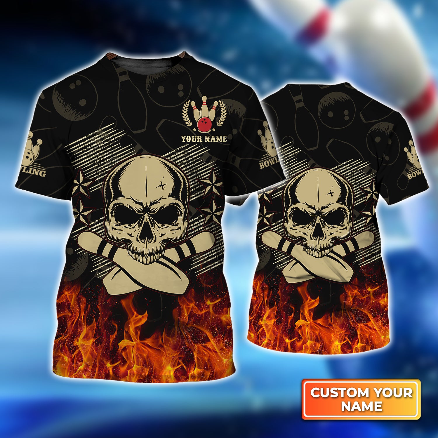 Skull Bowling In Fire Personalized Name 3D Tshirt QB95