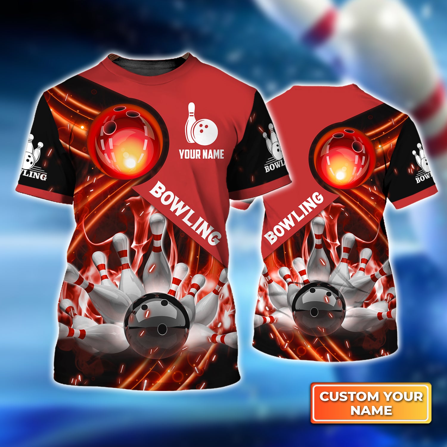 Red Bowling Ball In Fire Personalized Name 3D Tshirt QB95