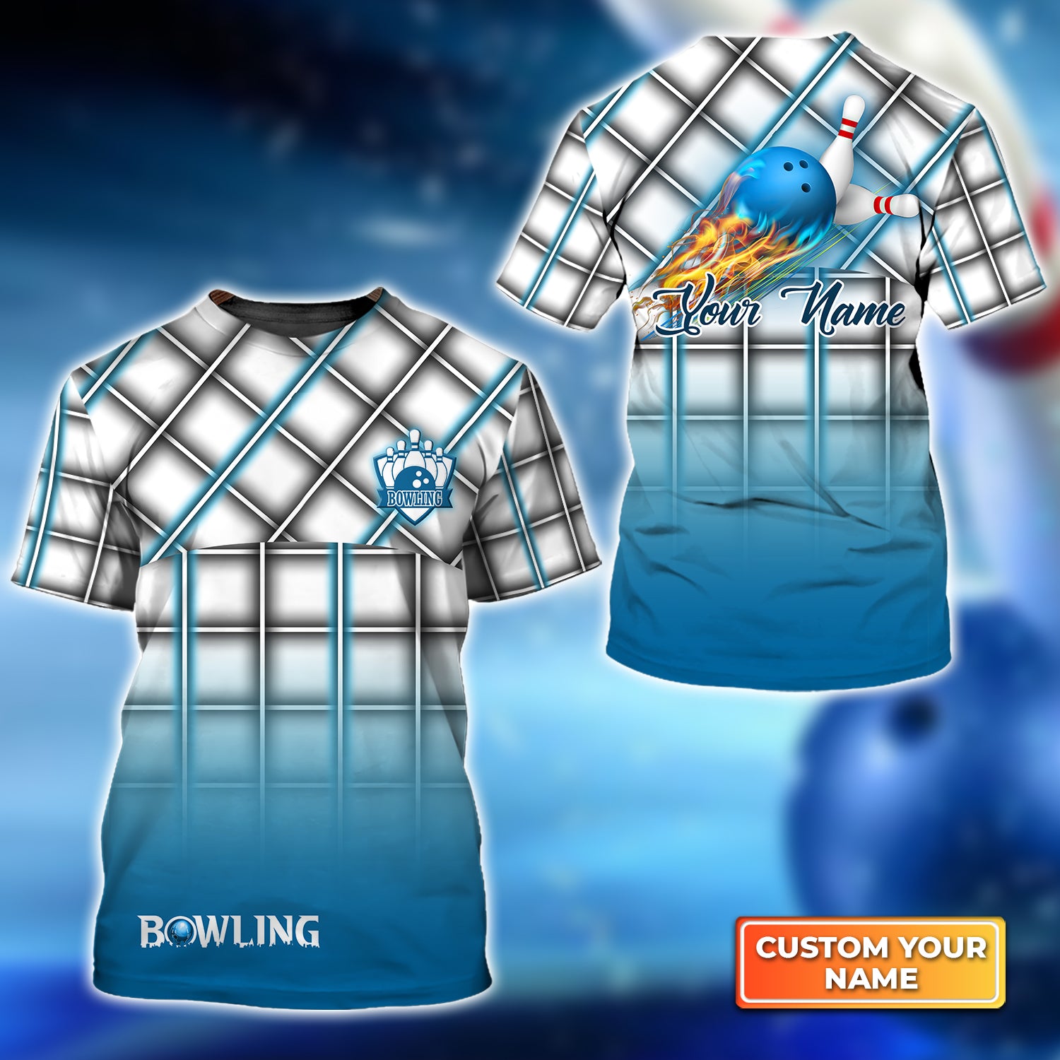 Blue Bowling Ball And Pins On Fire Gingham Plaid Pattern Personalized Name 3D Tshirt QB95 Gift For Bowler