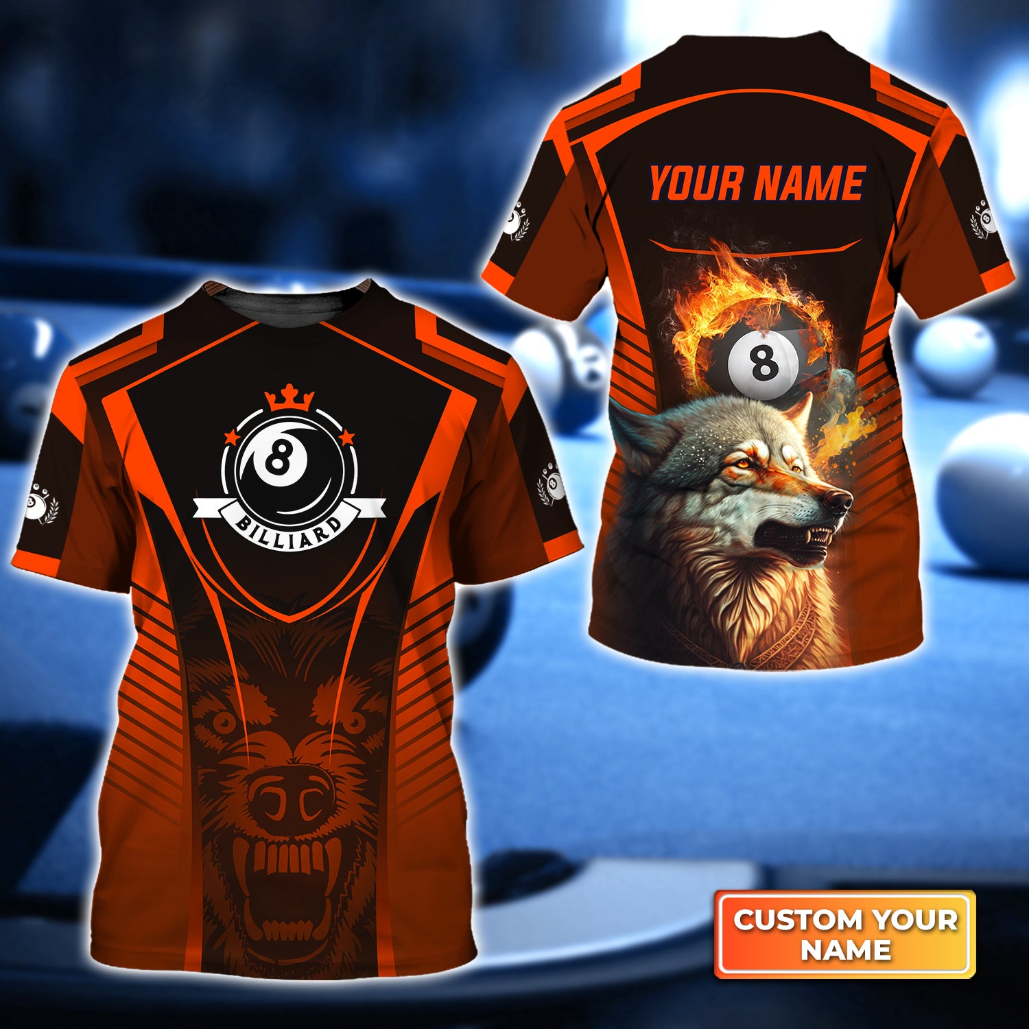 Orange Wolf Billiard Pool 8 Ball Team Personalized Name 3D Tshirt QB95 Gift Billiard Players