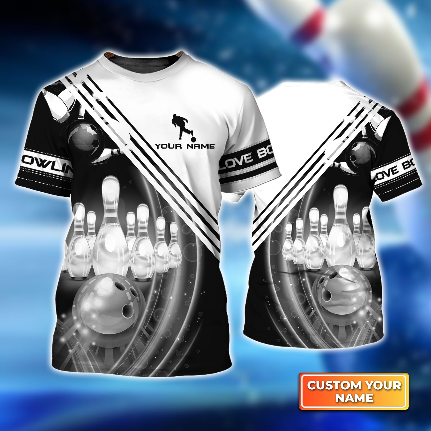 Black And White Bowling Ball In Motion And The Pins Personalized Name 3D Tshirt QB95