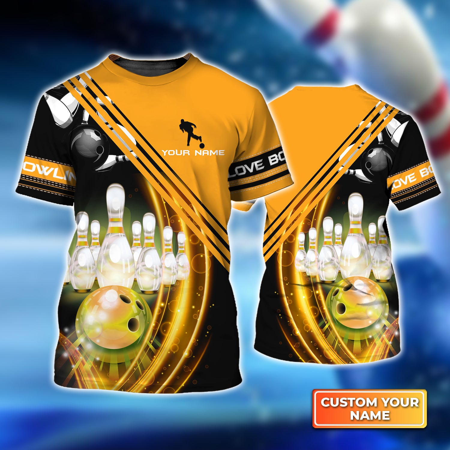 Yellow Bowling Ball In Motion And The Pins Personalized Name 3D Tshirt QB95