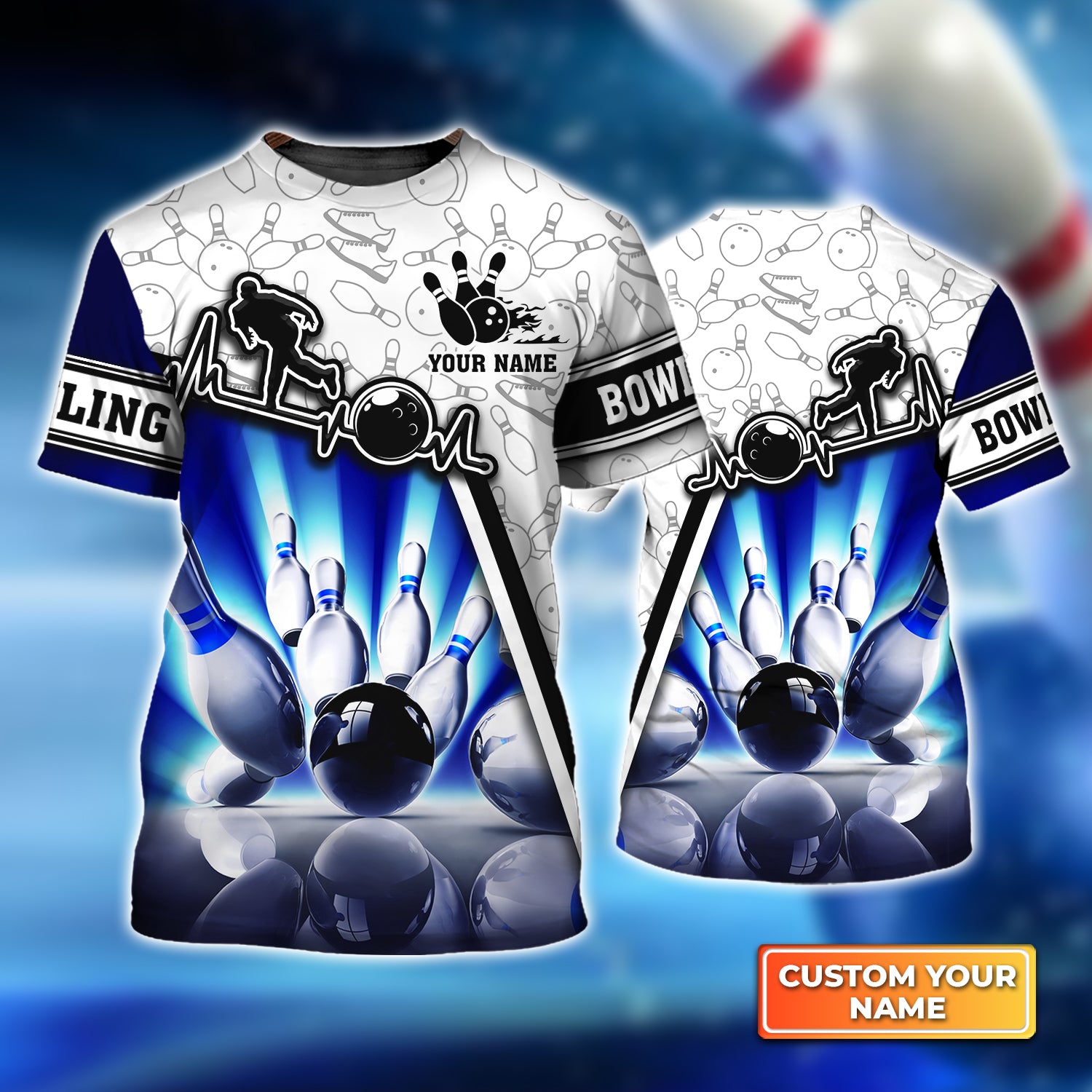 Blue Neonlights Bowling Personalized Name 3D Tshirt QB95