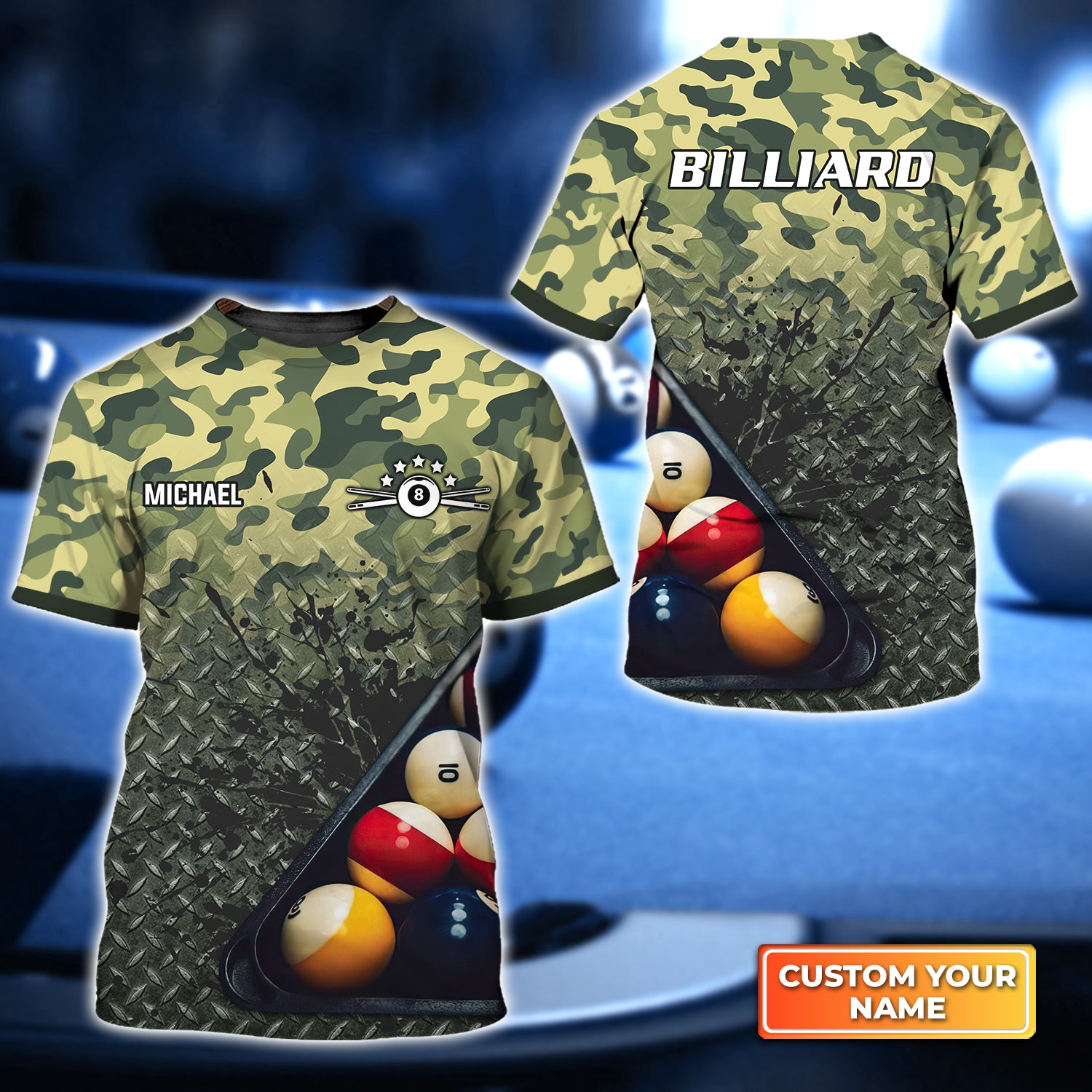 Green Camo Billiard Personalized Name 3D Tshirt QB95 Gift Billiard Players