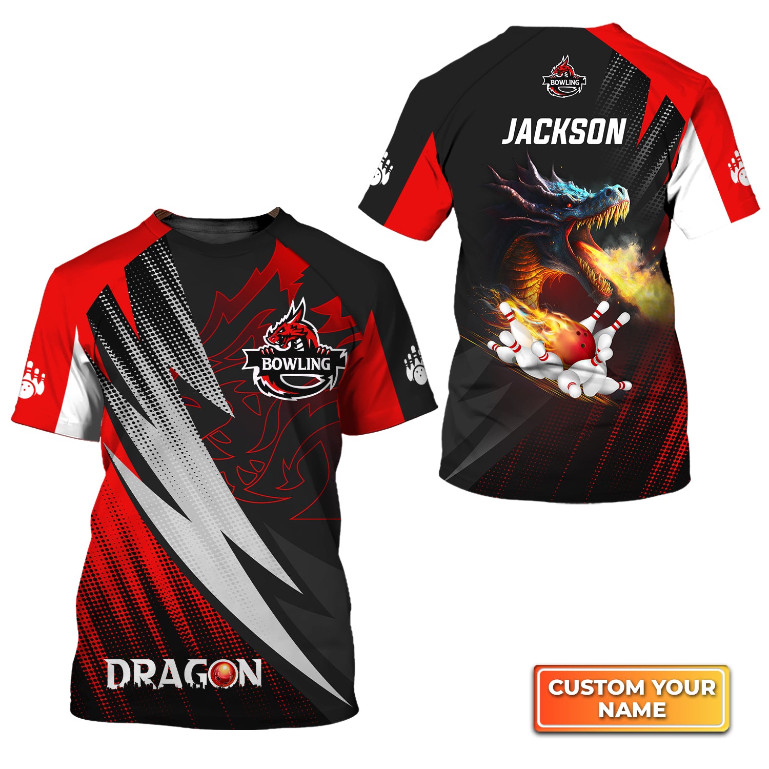 Dragon Team Red Bowling Ball On Fire Personalized Name 3D Tshirt QB95