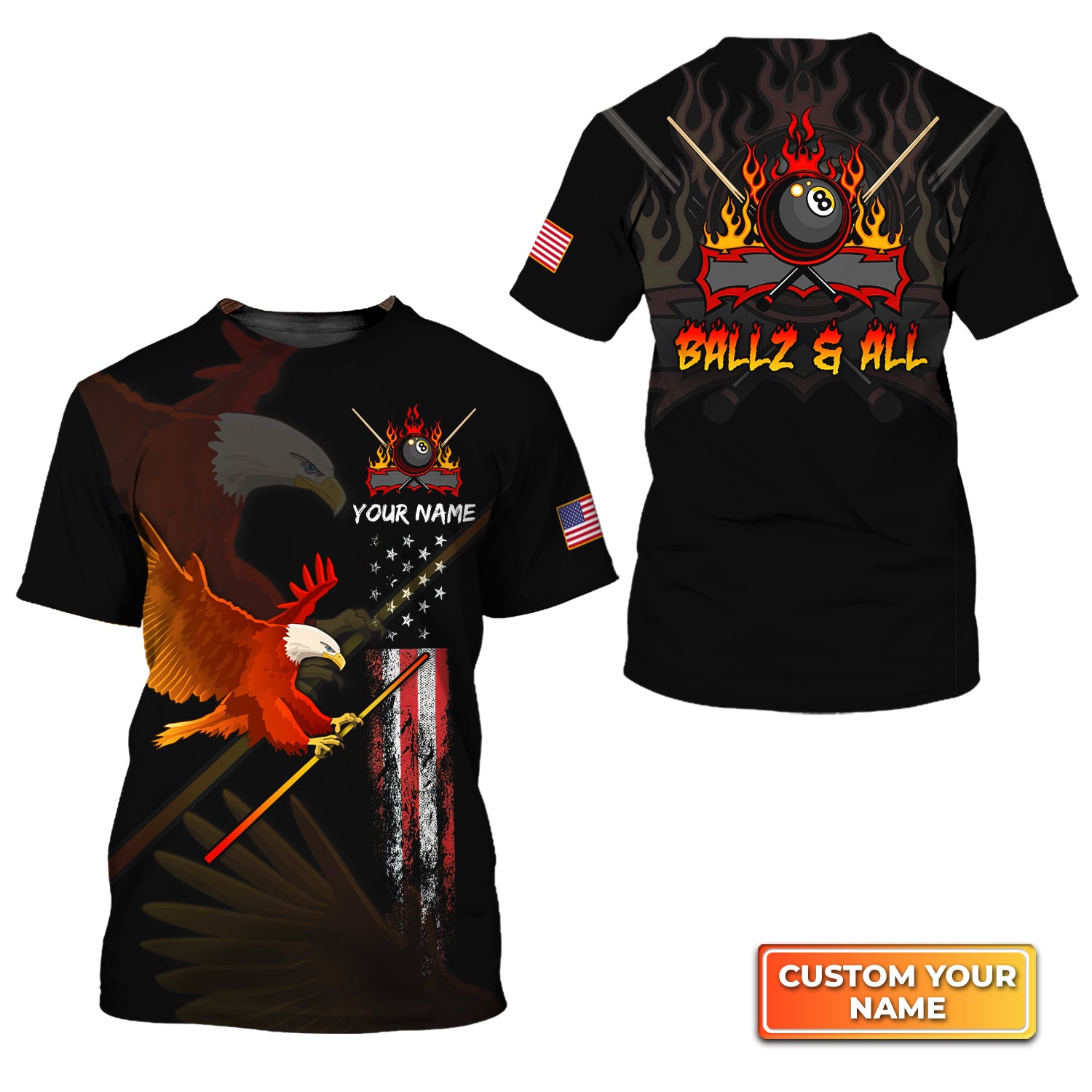 Eagle BALLZ & ALL Team Bones 8 Ball American Flag Billiards Personalized Name 3D Tshirt Gift For Billiard Players QB95