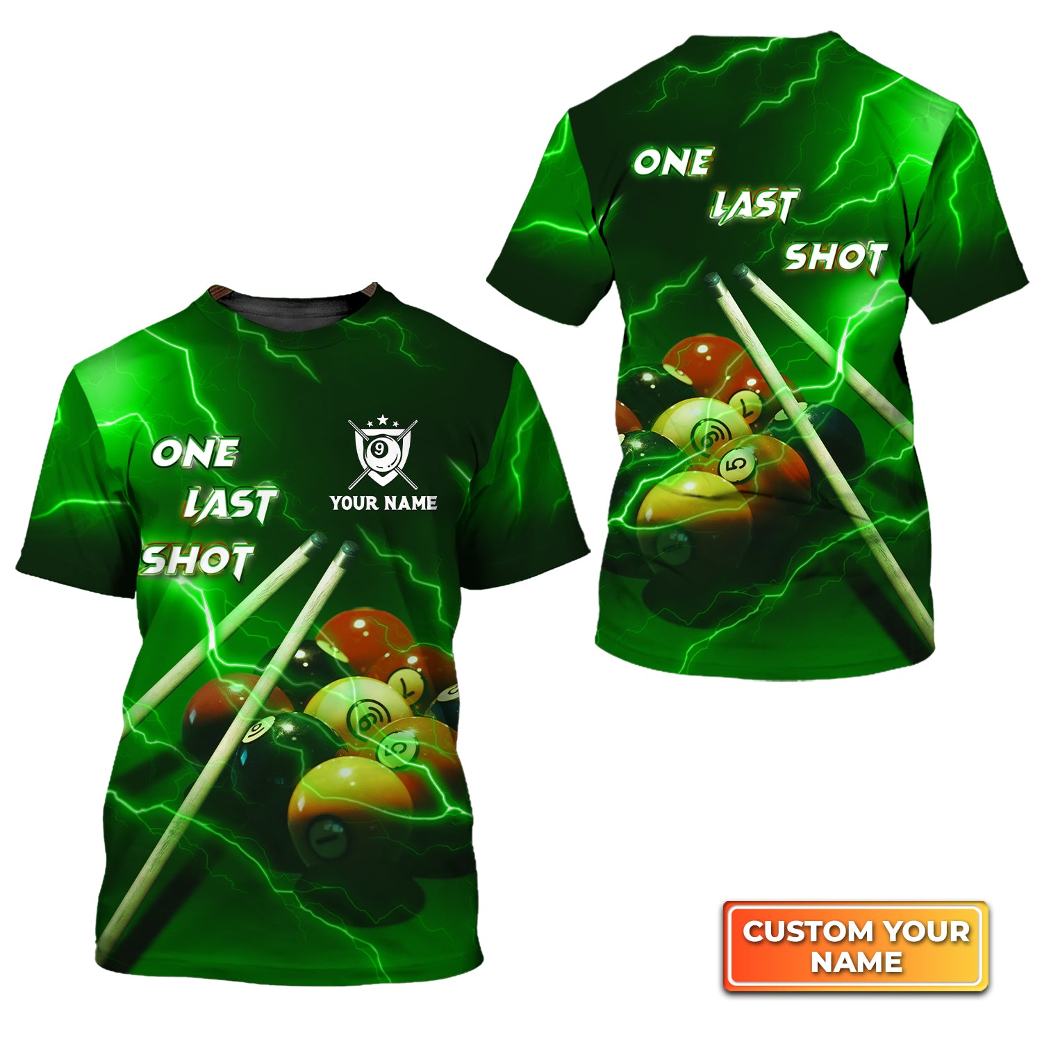 One Last Shot Billiard 9 Ball Thunder Lightning Fluor Green Personalized Name 3D Tshirt Gift For Billiard Players QB95